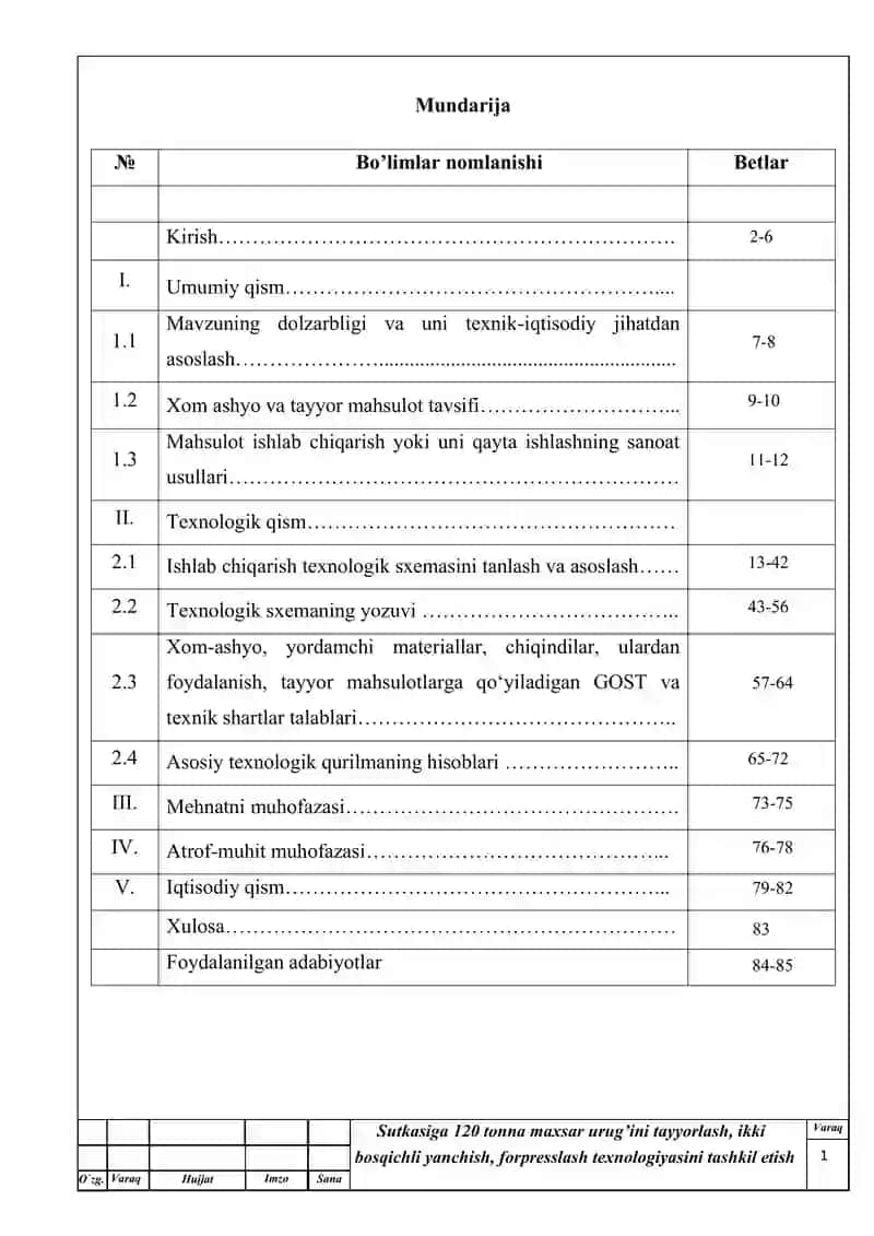 Sutkasiga 120 tonna maxsar urug’ini tayyorlash, ikki bosqichli yanchish, forpresslash texnologiyasini tashkil etis