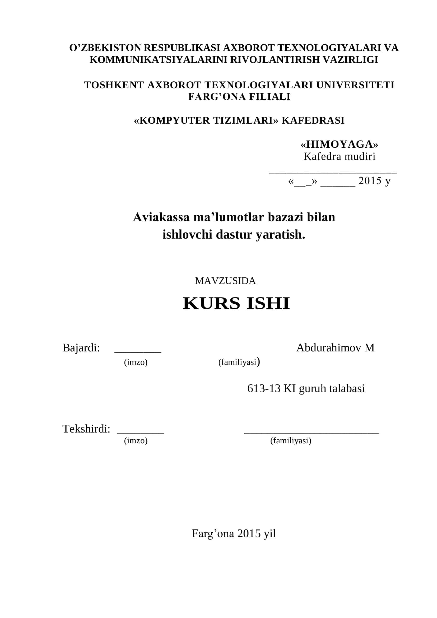 Aviakassa ma’lumotlar bazazi bilan ishlovchi dastur yaratish 1