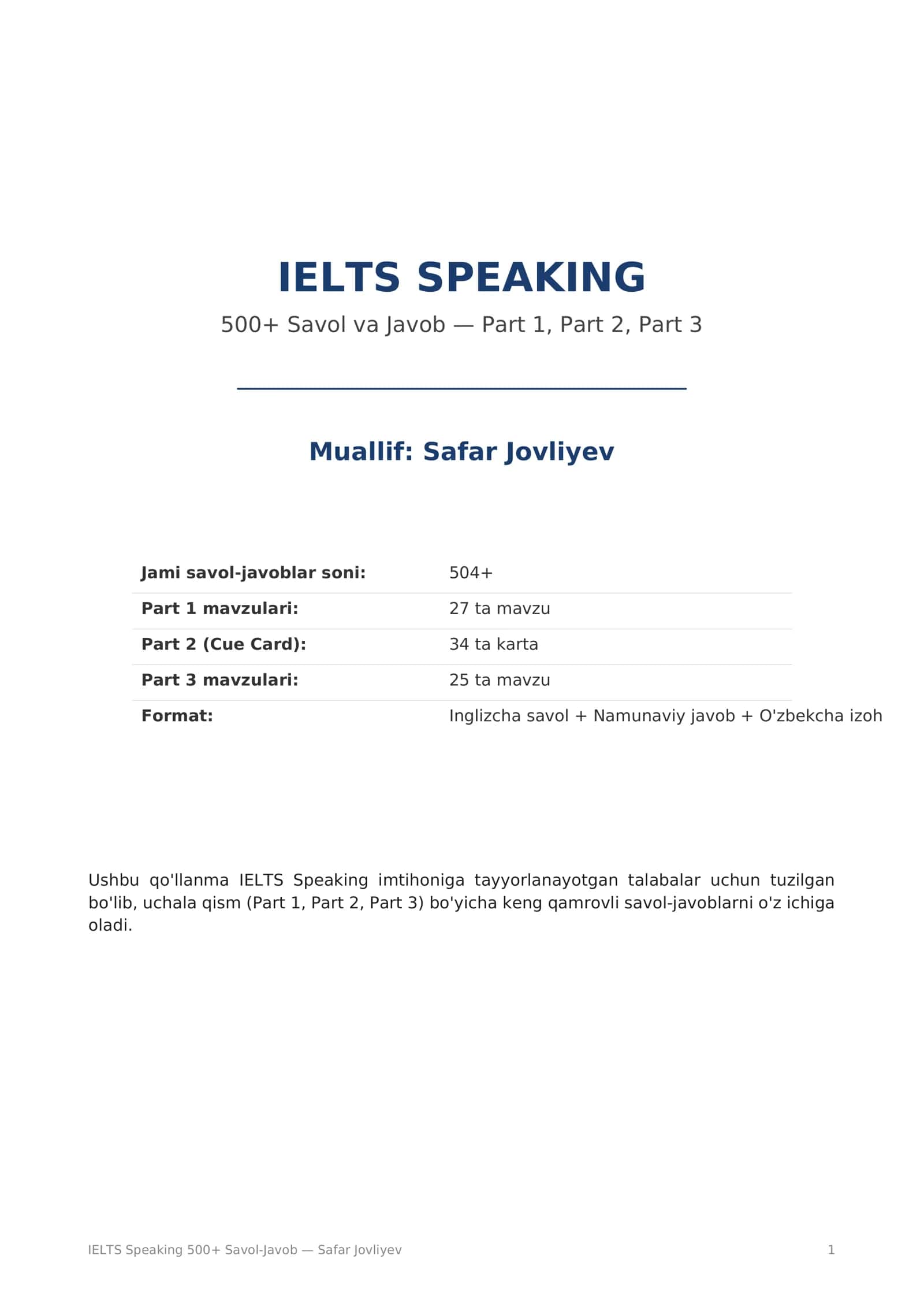 IELTS Speaking 500+ Savol-Javob 1