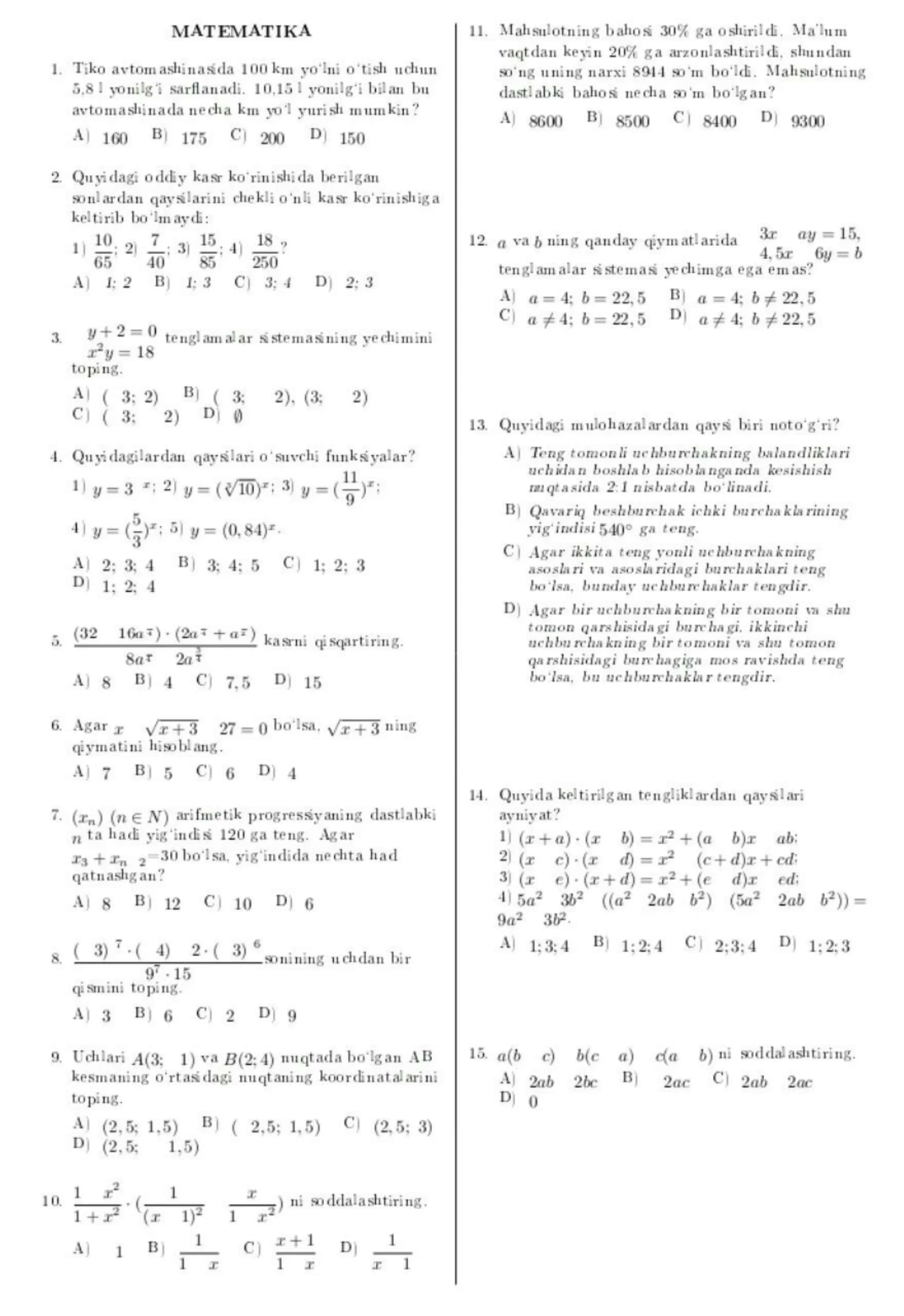 Matematika test 1