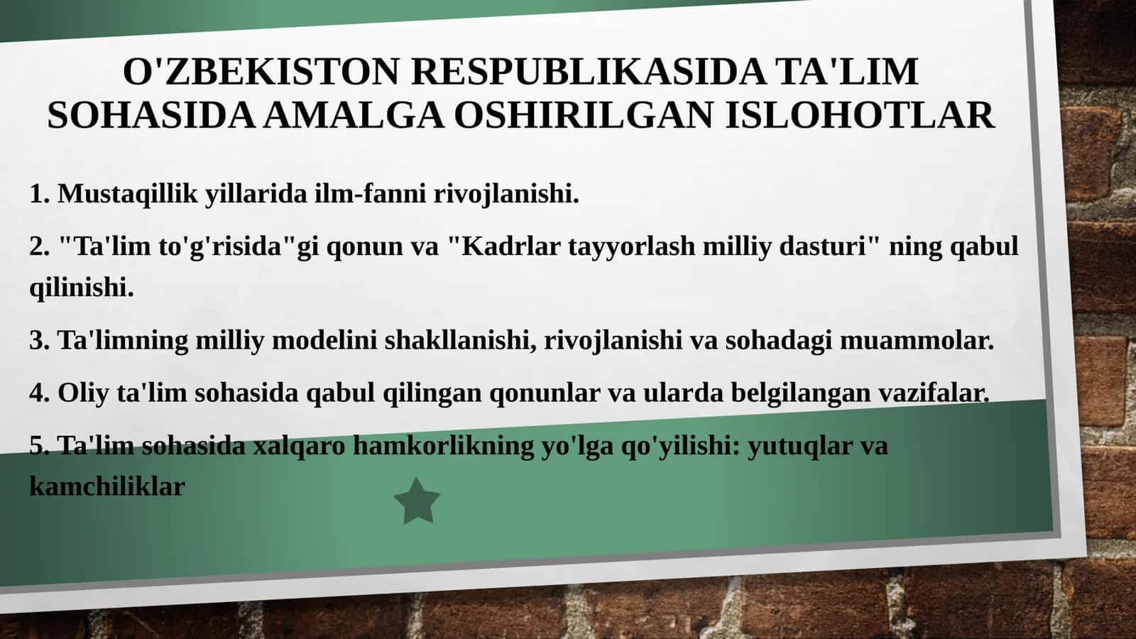 O'ZBEKISTON RESPUBLIKASIDA TA'LIM SOHASIDA AMALGA OSHIRILGAN ISLOHOTLAR 1