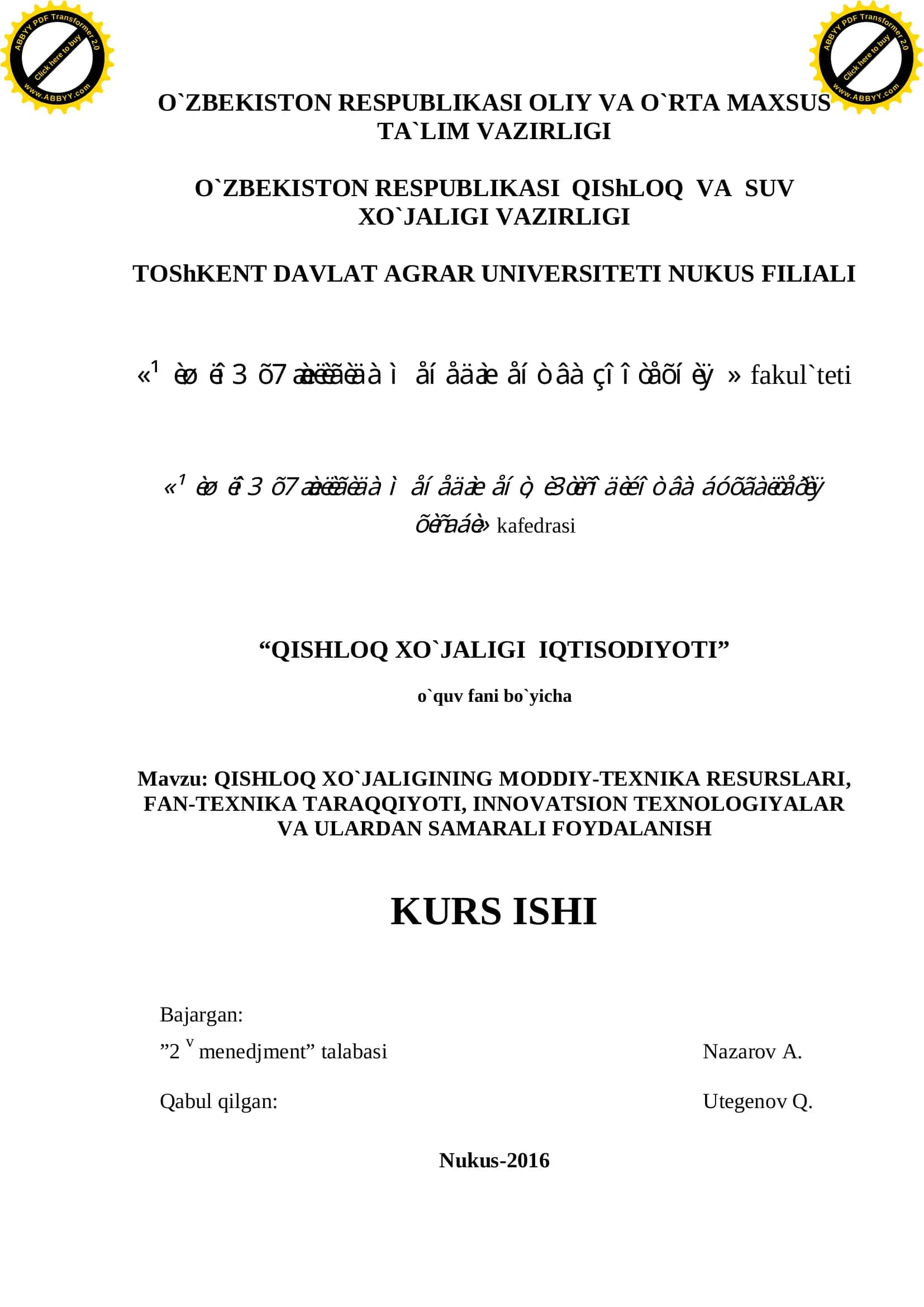 QISHLOQ XO`JALIGINING MODDIY-TEXNIKA RESURSLARI 1