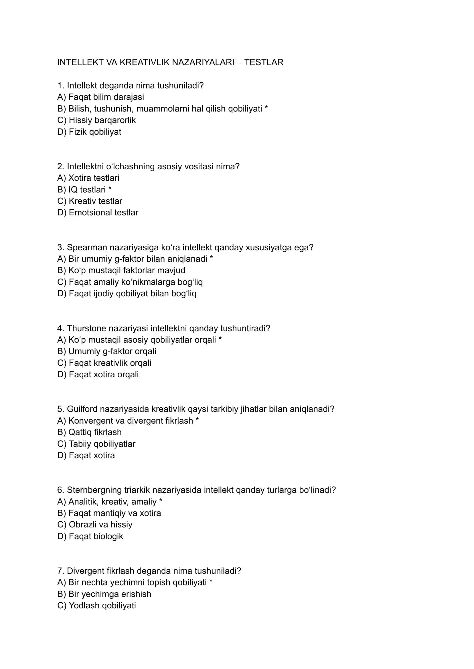 INTELLEKT VA KREATIVLIK NAZARIYALARI – TESTLAR 1
