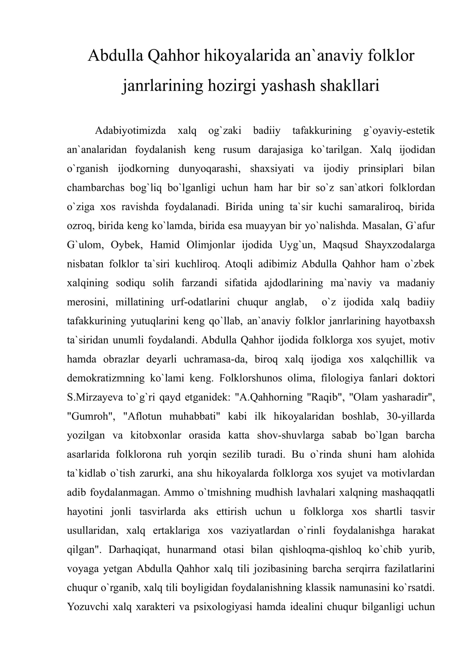 Abdulla Qahhor hikoyalarida an`anaviy folklor janrlarining hozirgi yashash shakllari 1
