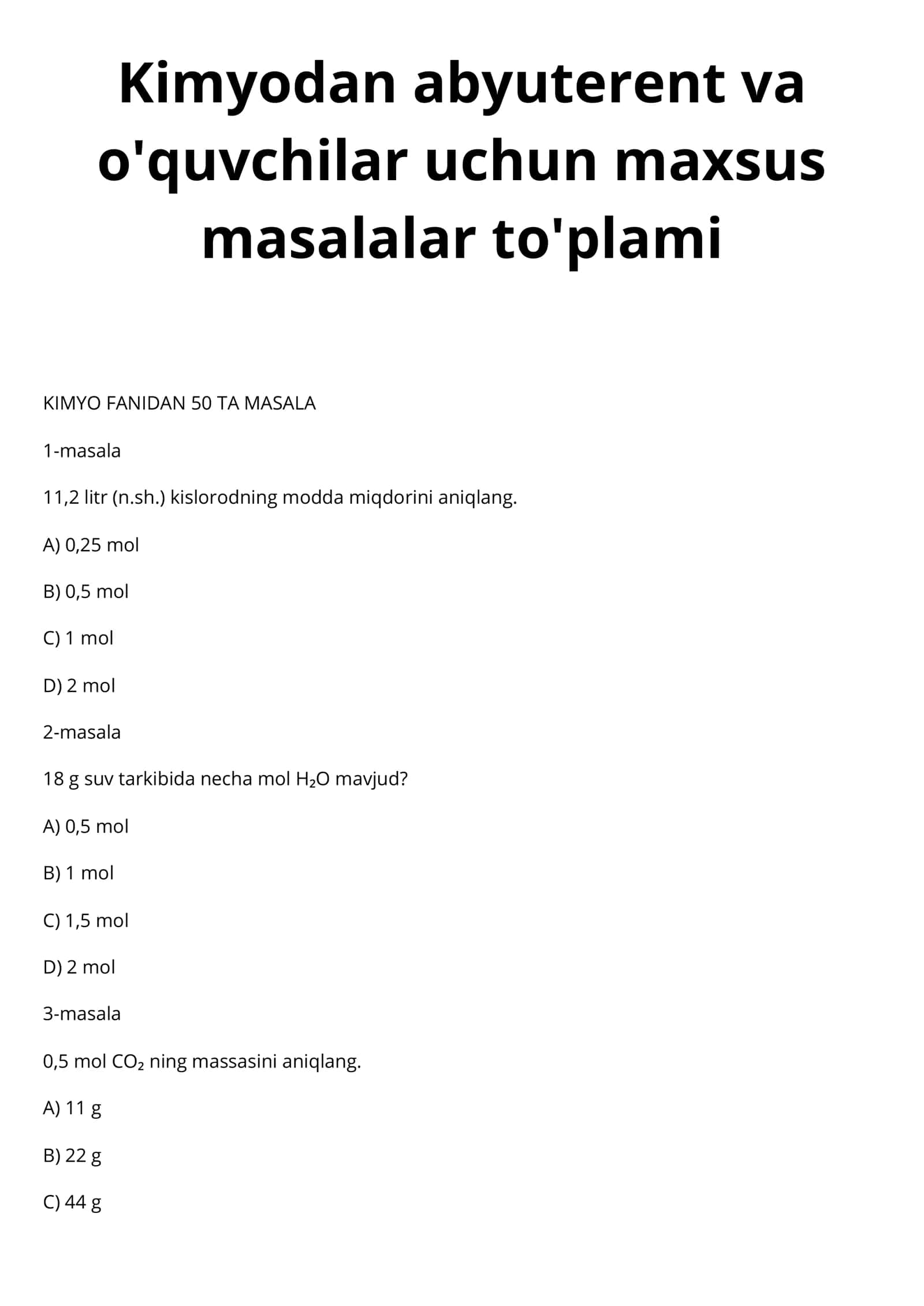 Kimyodan abyuterent va o'quvchilar uchun maxsus masalalar to'plami 1