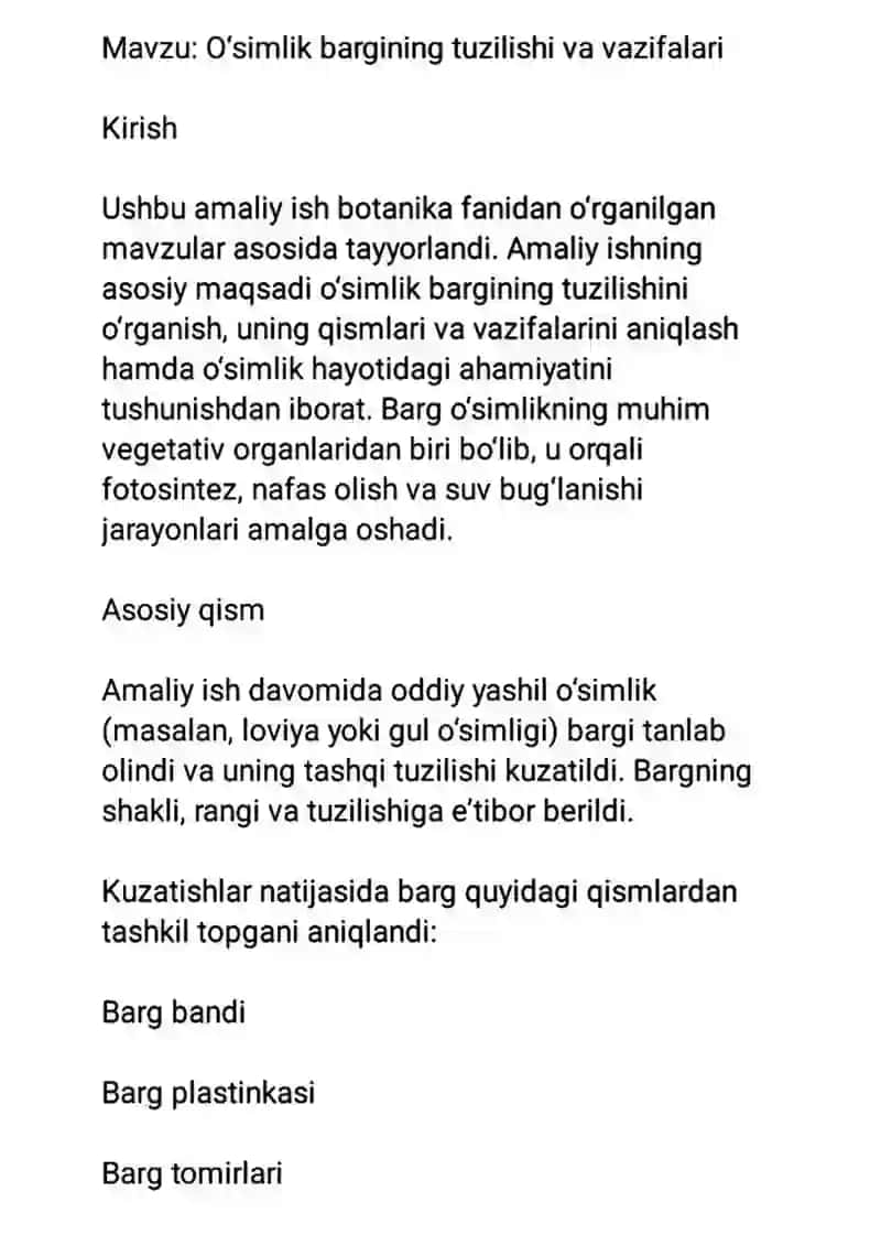 O‘simlik bargining tuzilishi va vazifalari 1