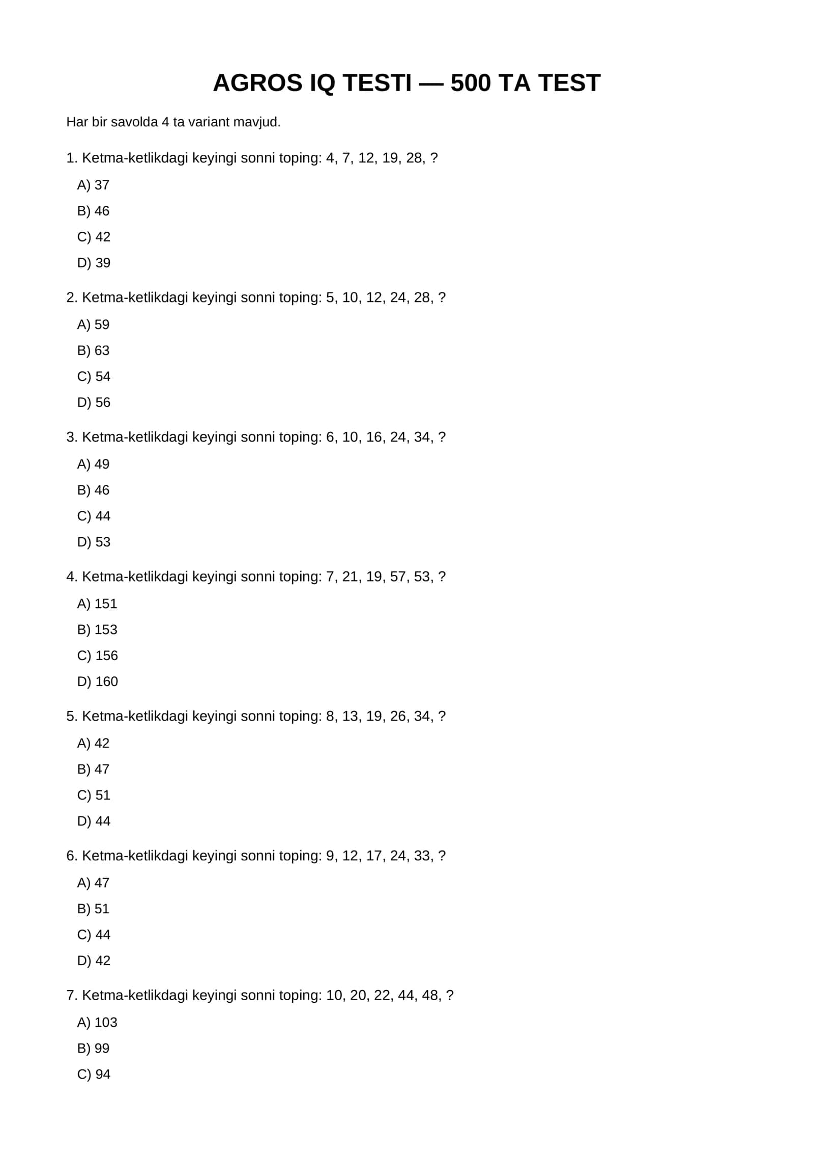 Agros IQ Test — 500 ta mantiqiy test va javoblar 1