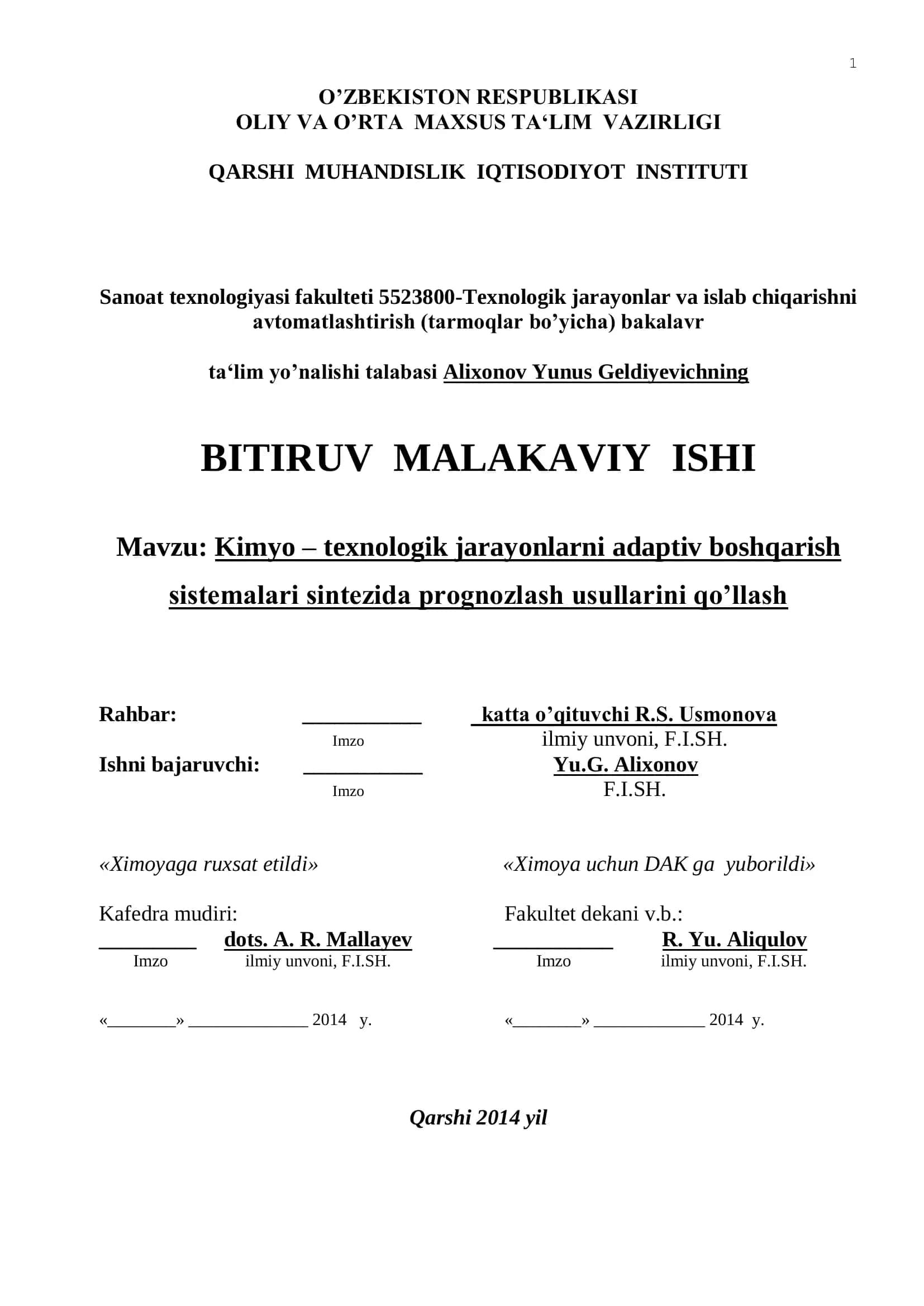 Kimyo – texnologik jarayonlarni adaptiv boshqarish sistemalari sintezida prognozlash usullarini qo’llash 1
