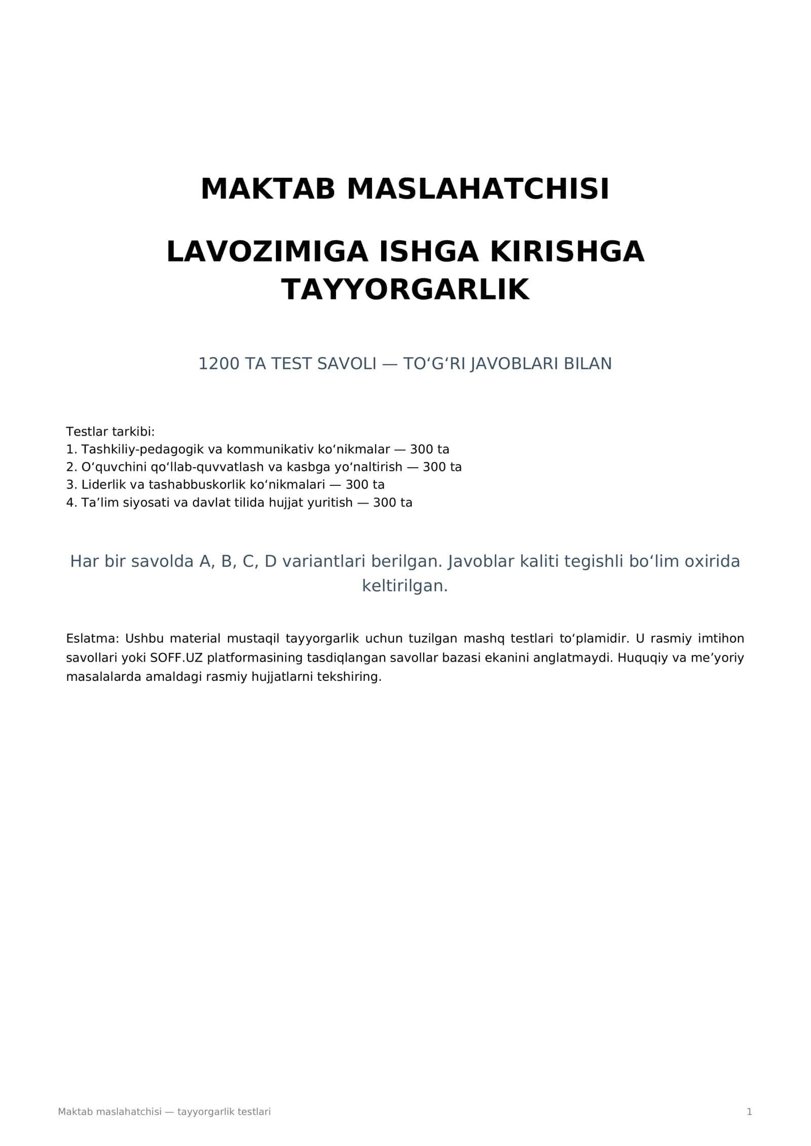 Maktab maslahatchisi — tayyorgarlik testlari 1
