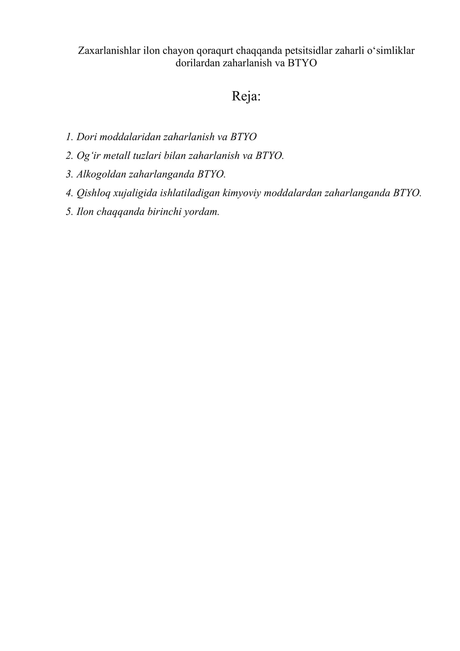 Zaharlanish va BTYO 1