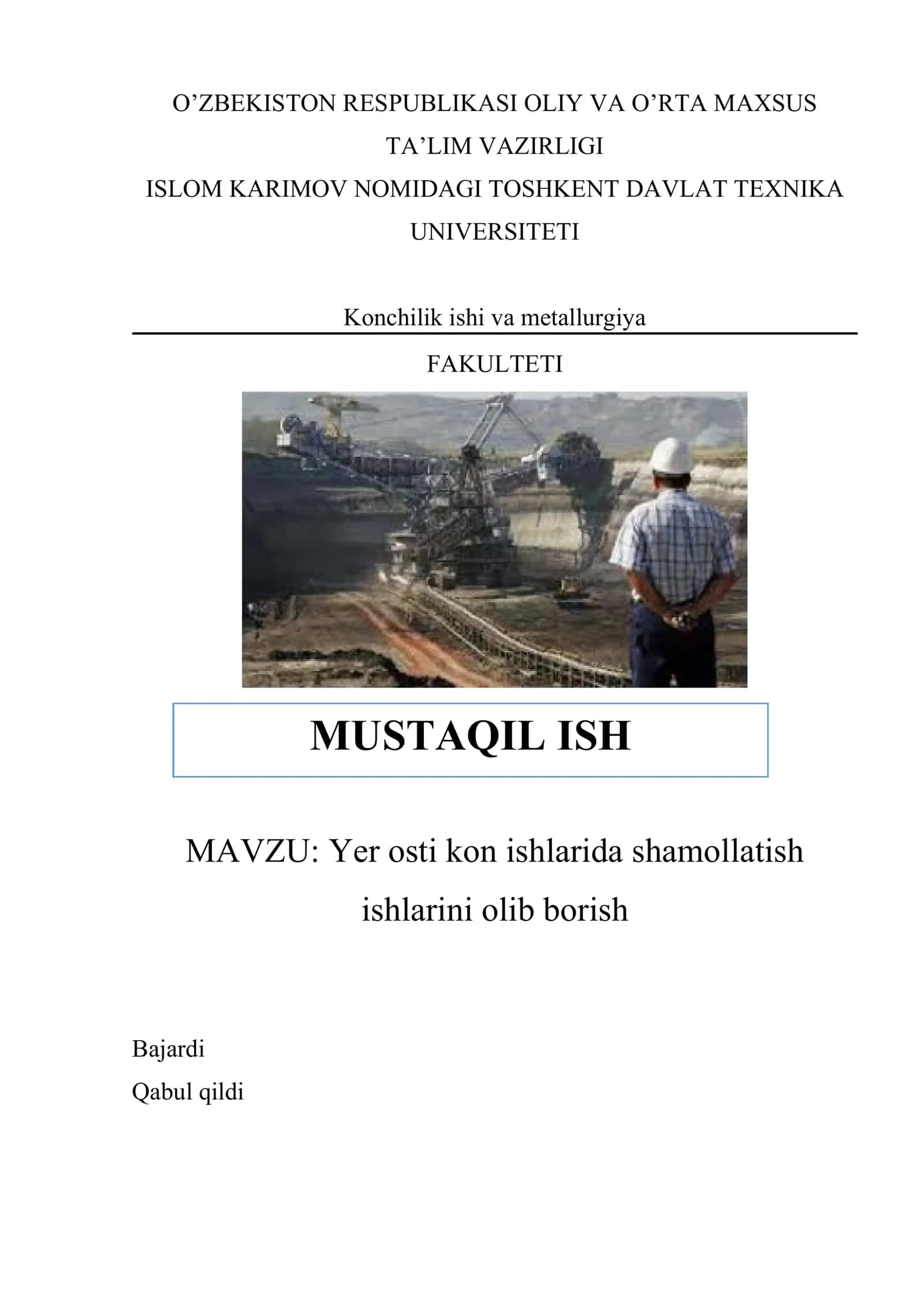 Yer osti kon ishlarida shamollatish ishlarini olib borish 1