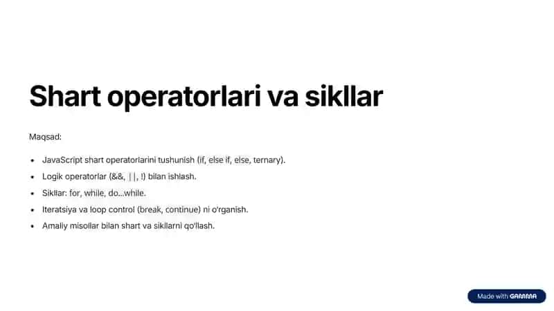 JavaScriptda Shart operatorlari va sikllar