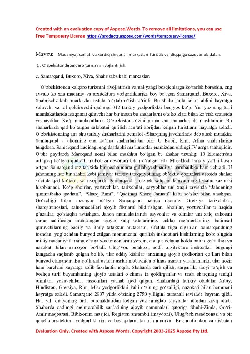 Madaniyat san’at va xordiq chiqarish markazlari. Turistik va diqqatga sazovor obidalar 1