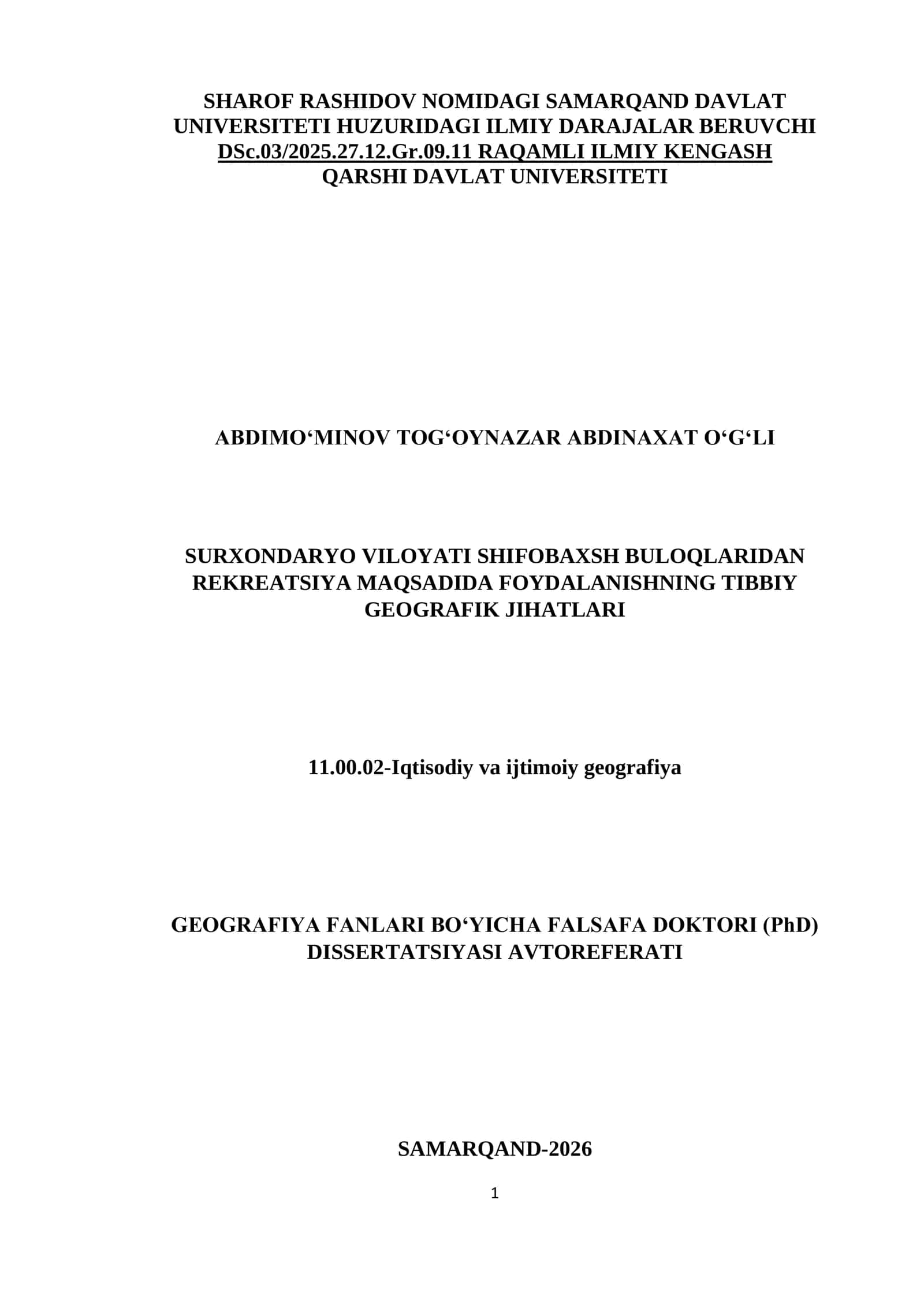 SURXONDARYO VILOYATI SHIFOBAXSH BULOQLARIDAN REKREATSIYA MAQSADIDA FOYDALANISHNING TIBBIY GEOGRAFIK JIHATLARI 1