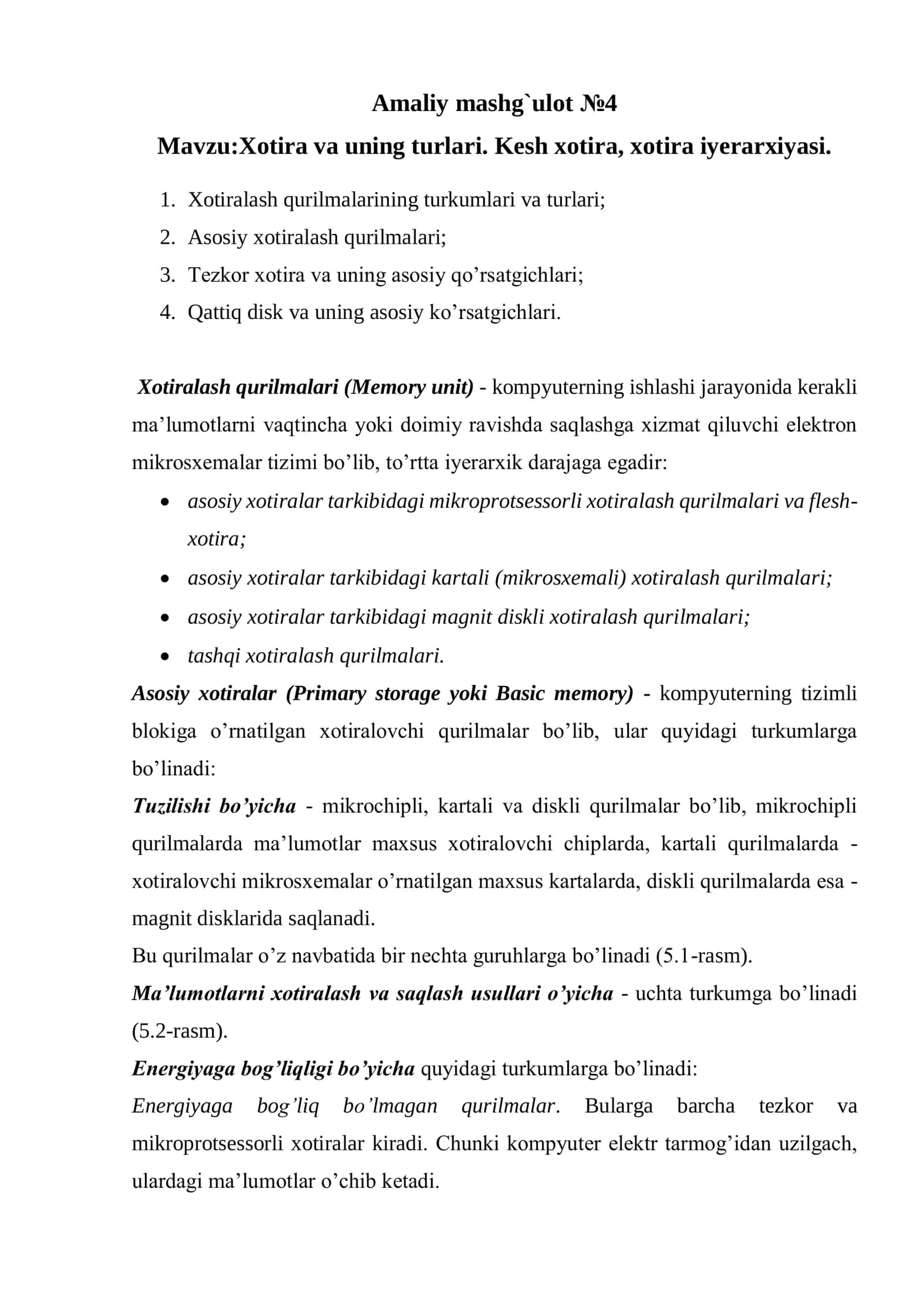 Xotira va uning turlari. Kesh xotira, xotira iyerarxiyasi 1
