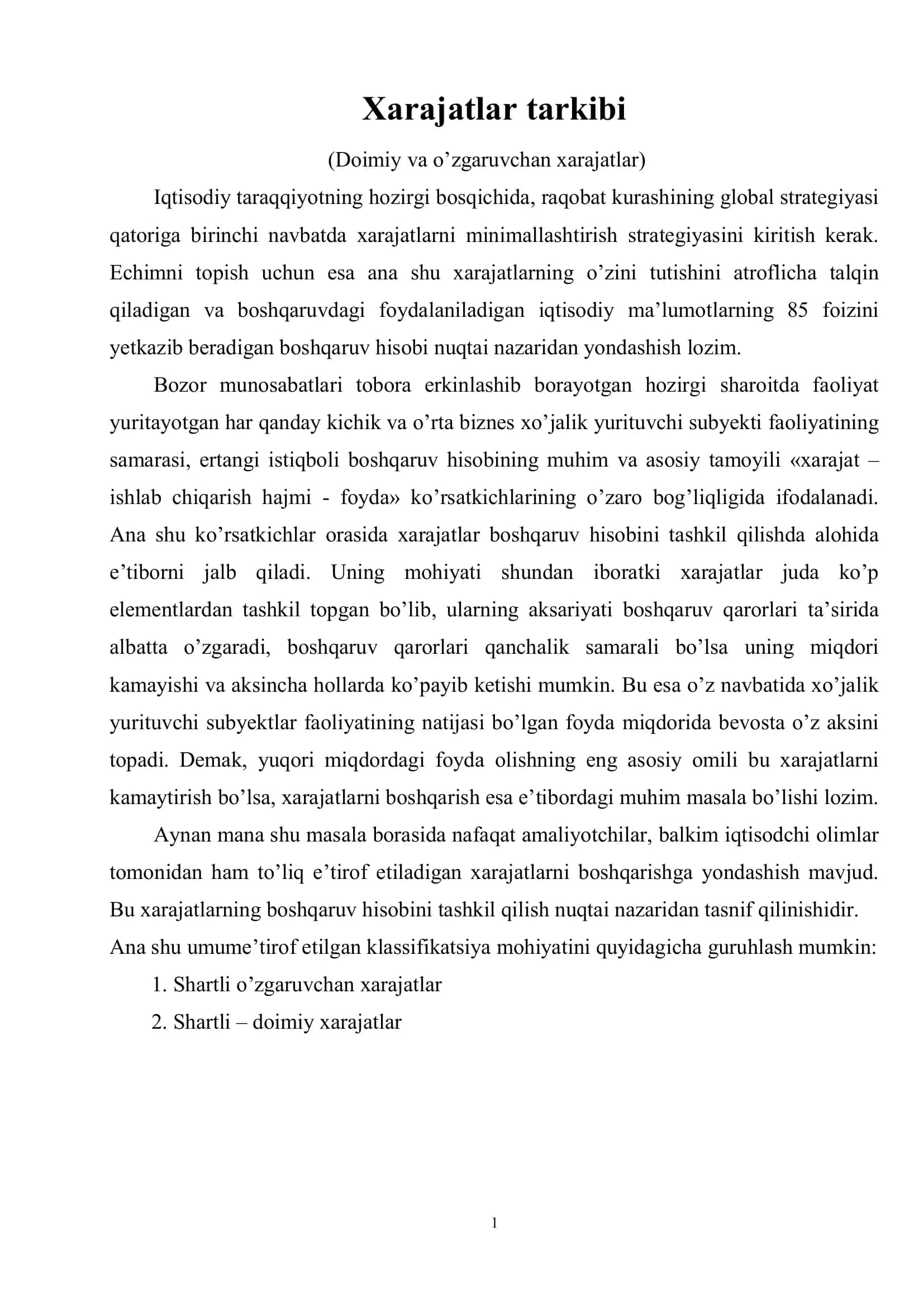 Xarajatlar tarkibi 1