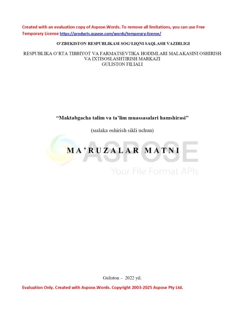 Maktabgacha ta'lim va ta'lim muassasalari hamshirasi (malaka oshirish sikli uchun) ma’ruza matni 1