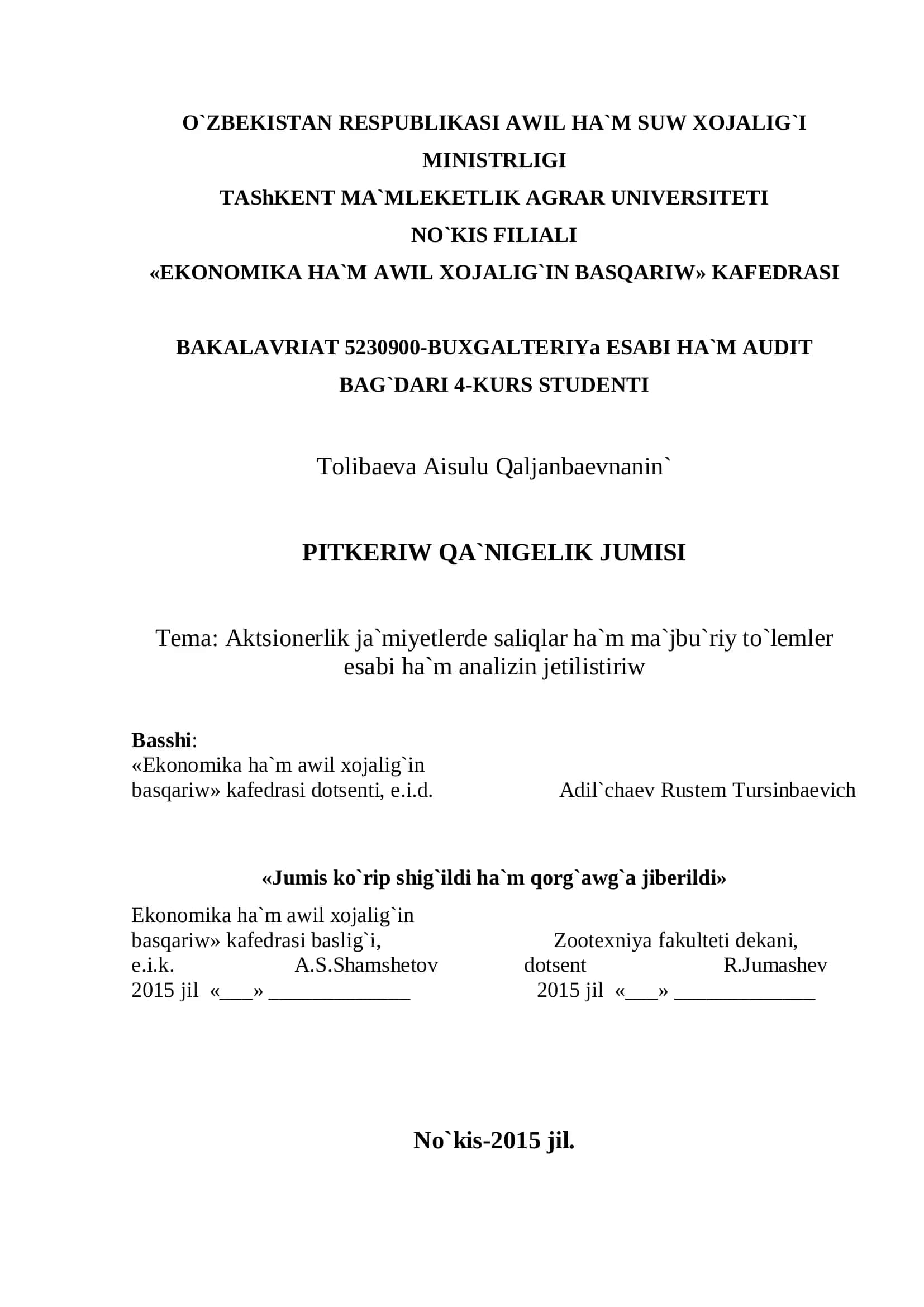 Buxgalteriya esabi ha`m audit bag'dari 4-kurs studenti 1