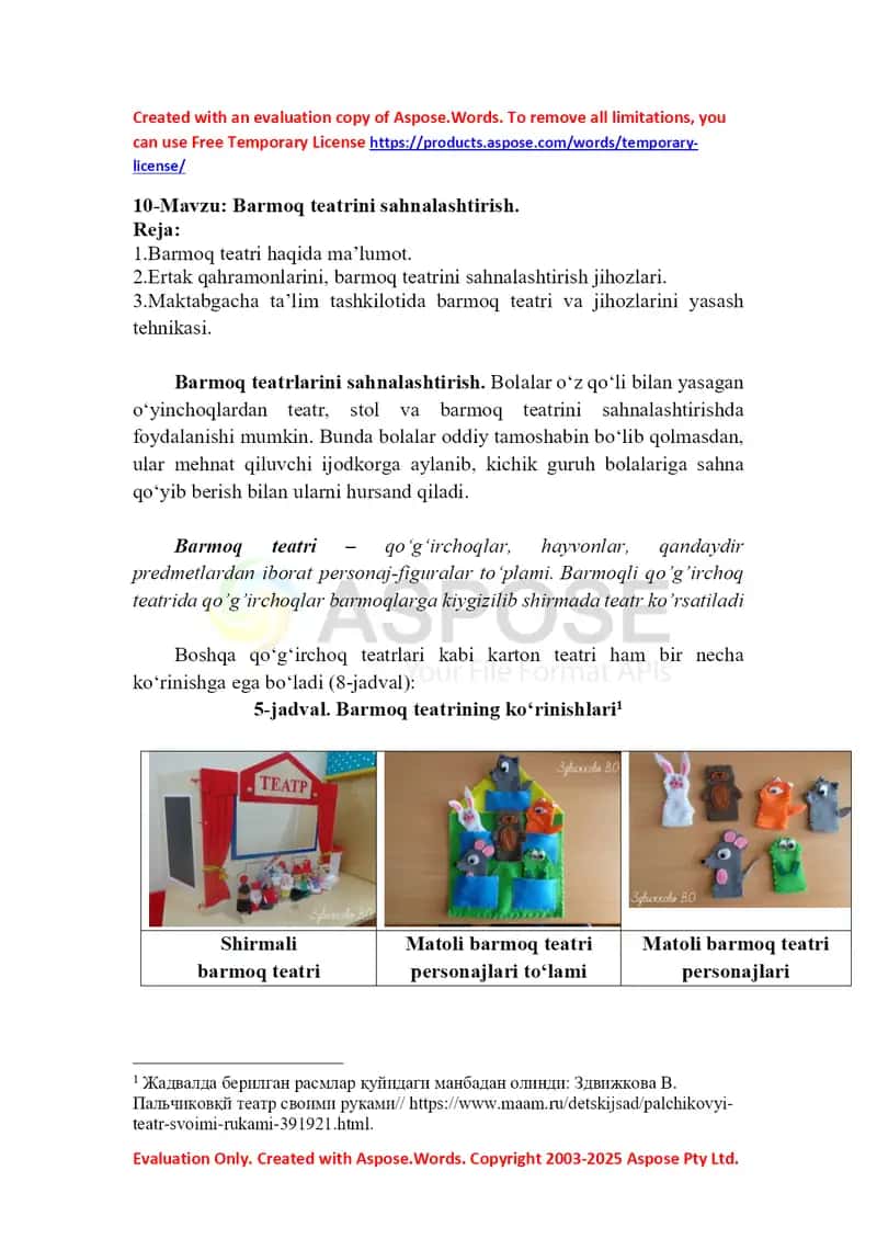 Barmoq teatrini sahnalashtirish 1