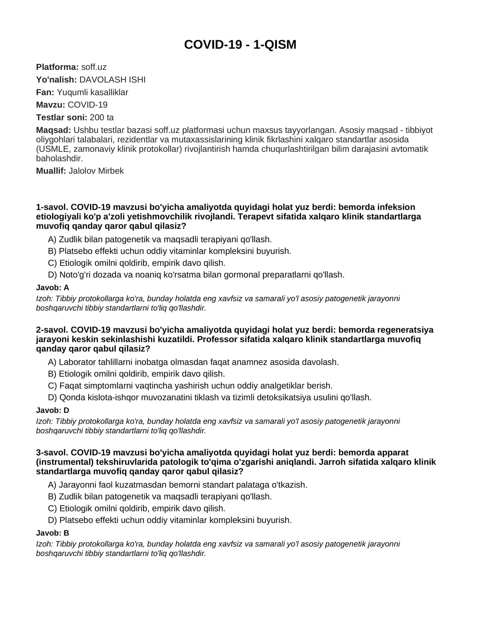 COVID-19 Testlar Bazasi 1