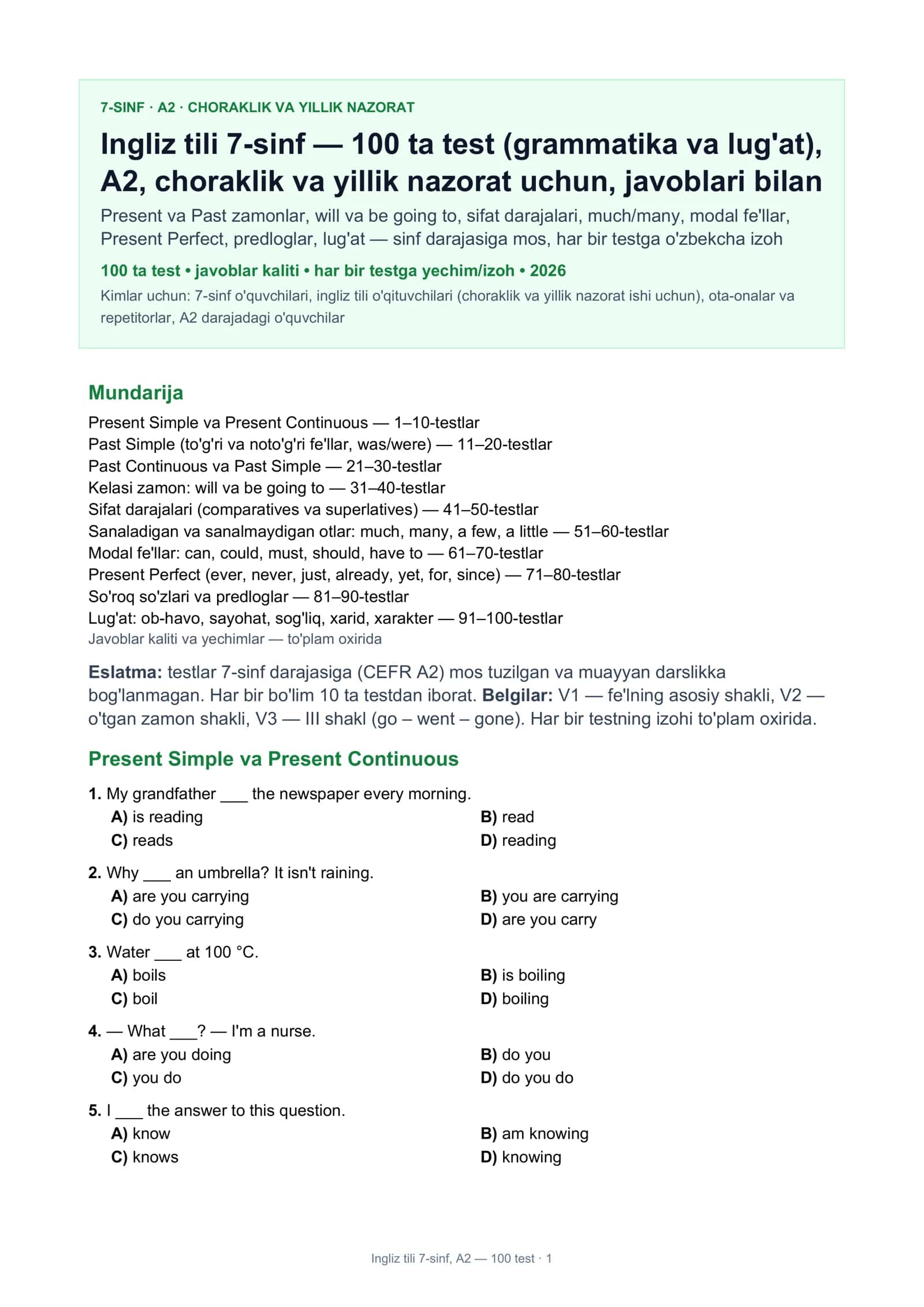 Ingliz tili 7-sinf, A2 — 100 test 1