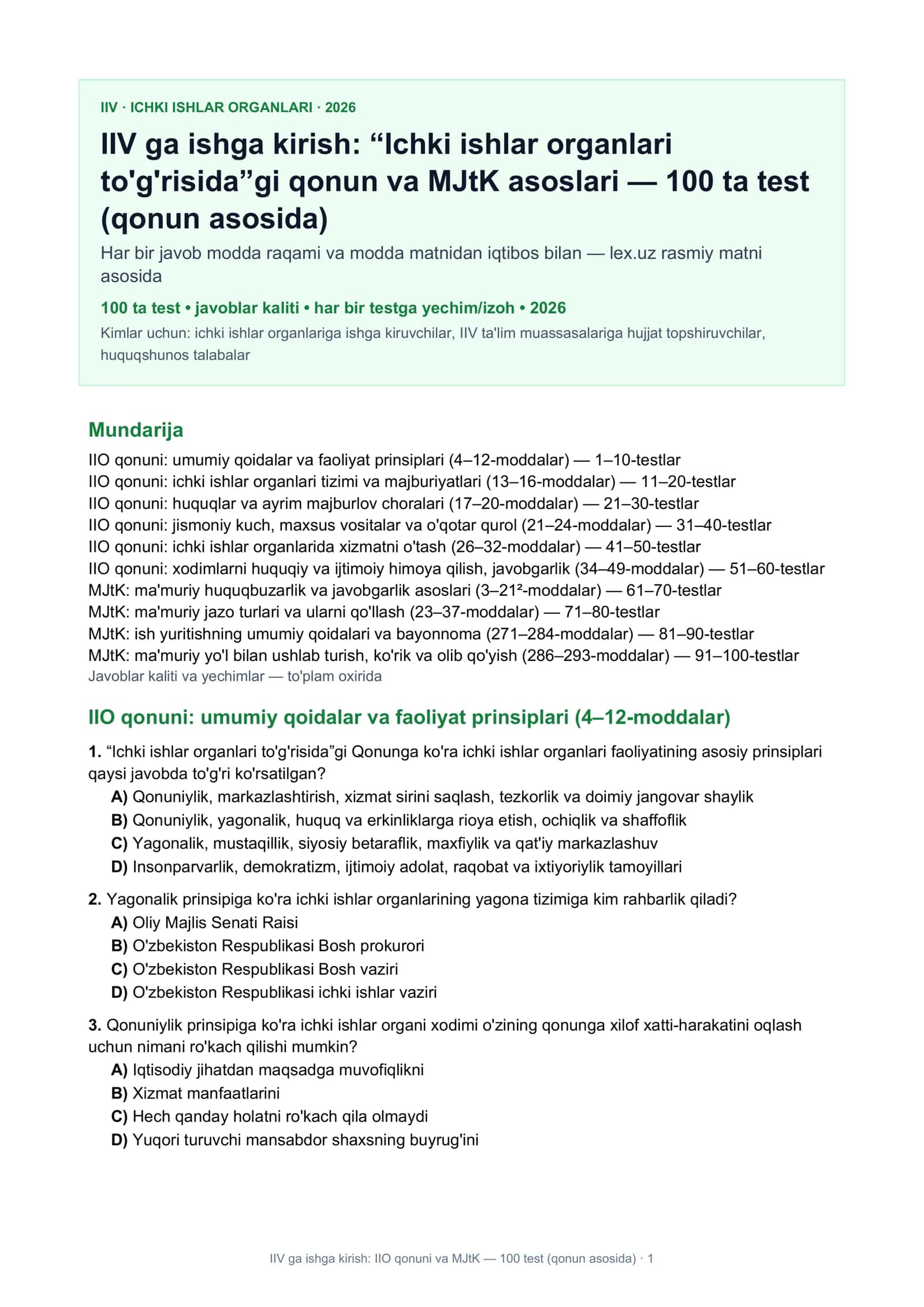 IIV ga ishga kirish: “Ichki ishlar organlari to'g'risida”gi qonun va MJtK asoslari — 100 ta test (qonun asosida) 1