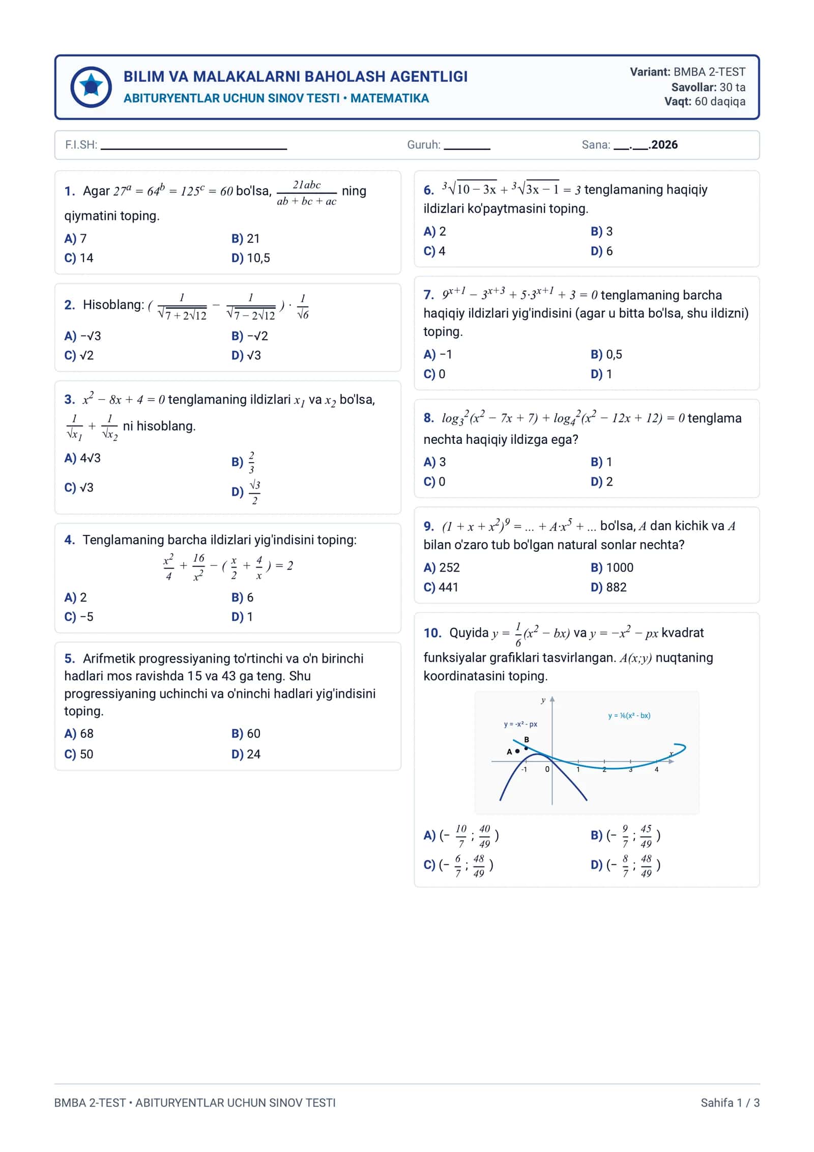 BMBA 2-TEST matematika 1