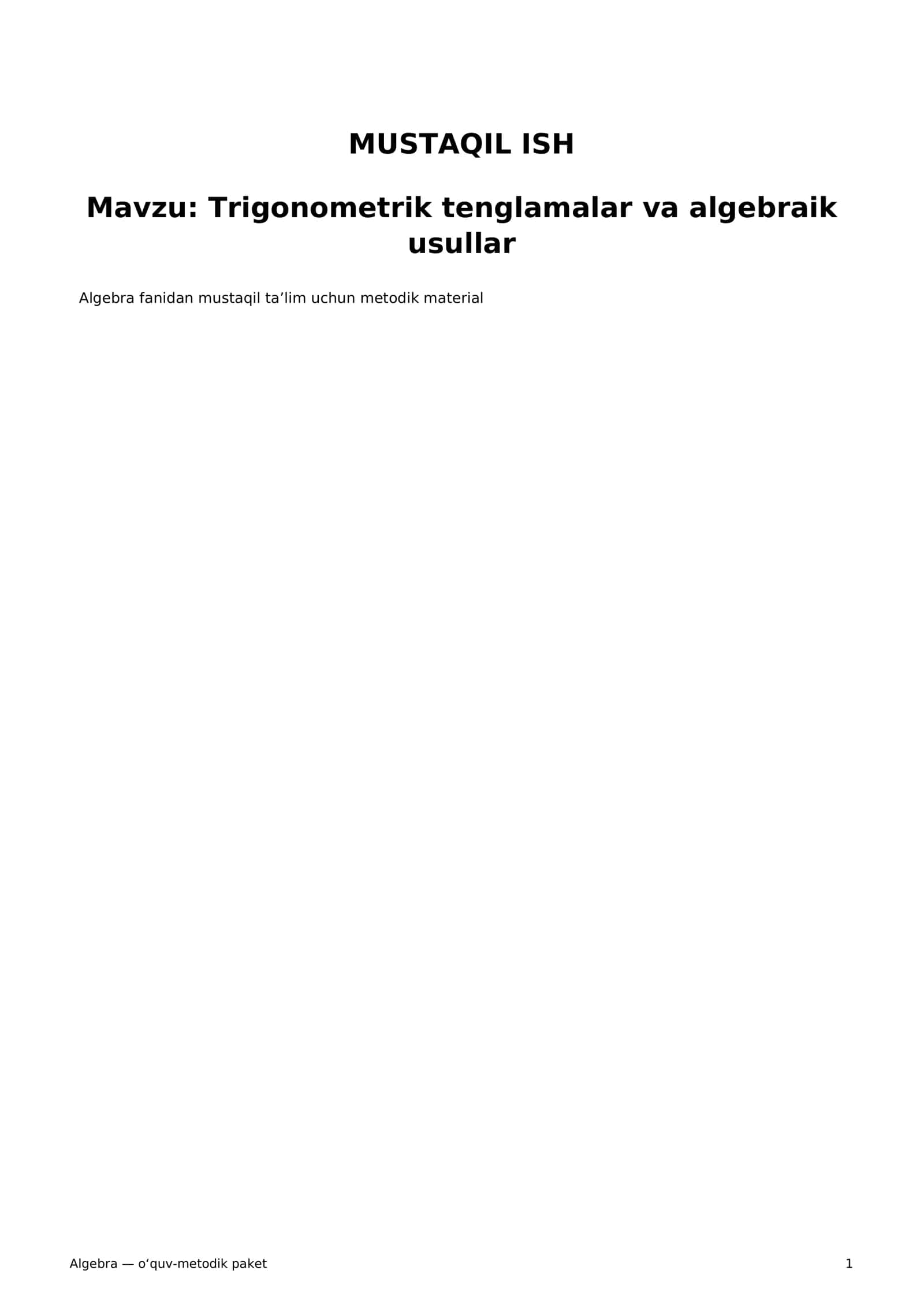 Trigonometrik tenglamalar va algebraik usullar 1