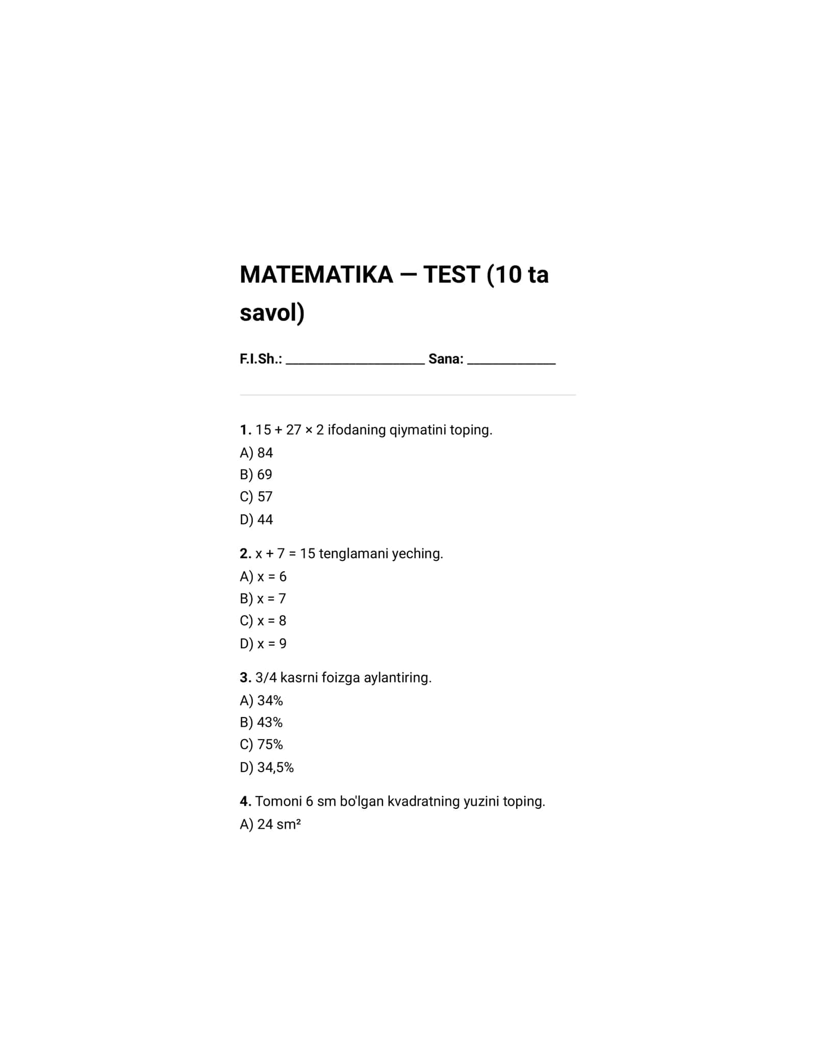 MATEMATIKA — TEST (10 ta savol) 1