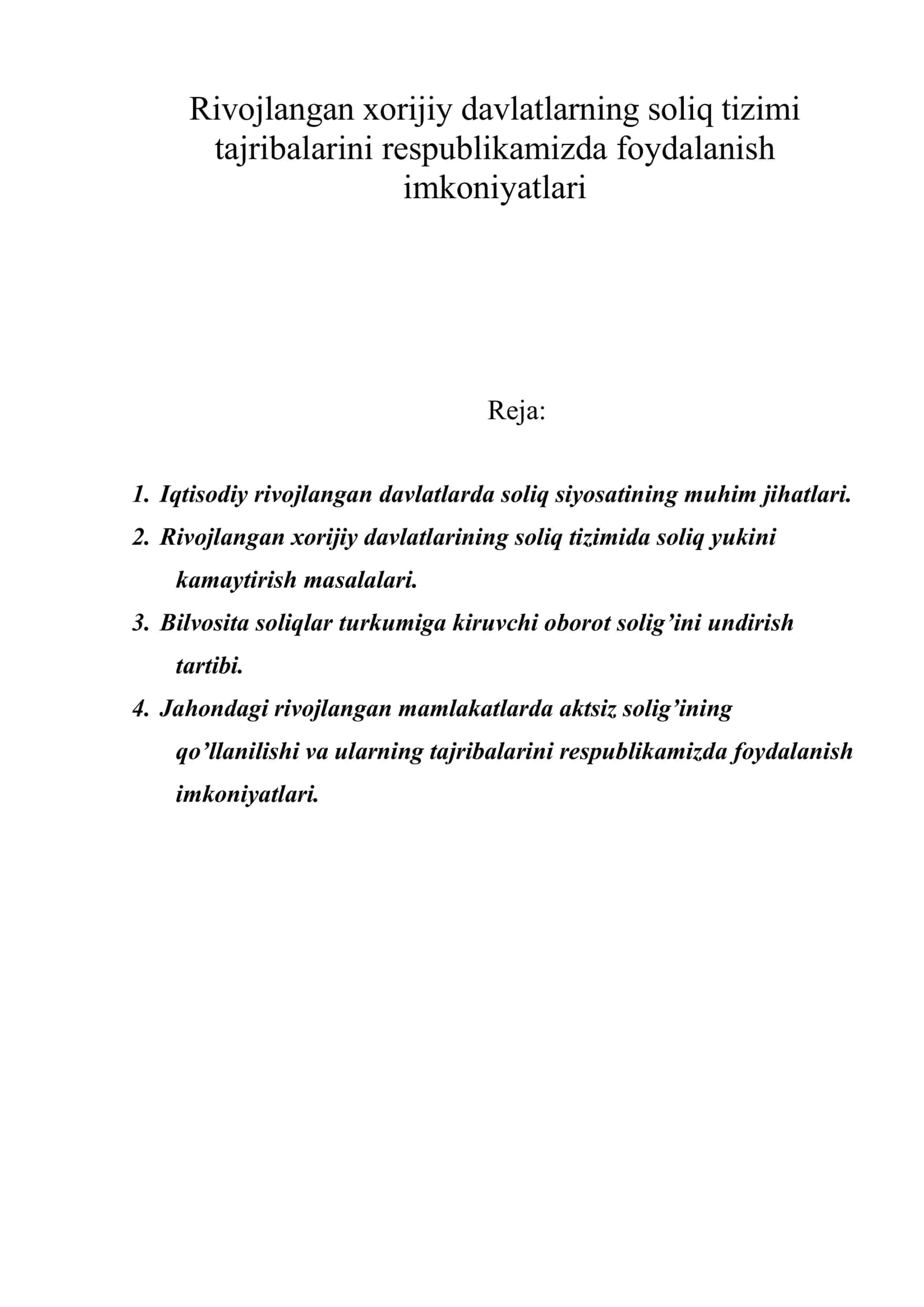 Rivojlangan xorijiy davlatlarning soliq tizimi tajribalarini respublikamizda foydalanish imkoniyatlari 1