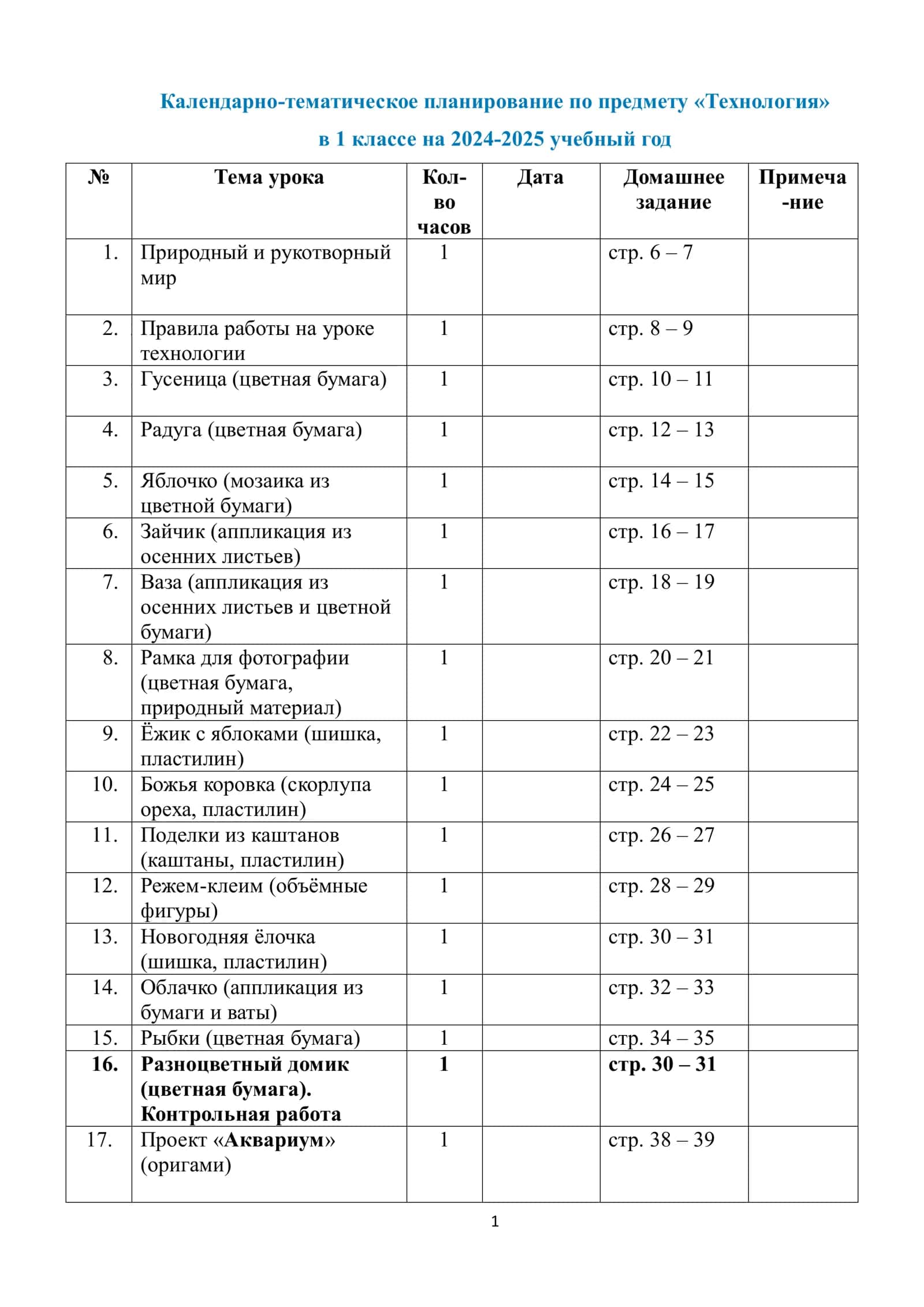 Календарно-тематическое планирование по предмету «Технология» в 1 классе на 2024-2025 учебный год 1