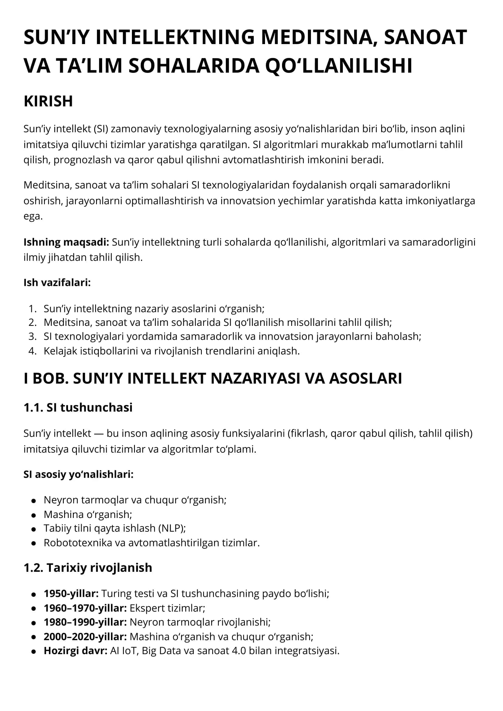 SUN’IY INTELLEKTNING MEDITSINA, SANOAT VA TA’LIM SOHALARIDA QO‘LLANILISHI 1