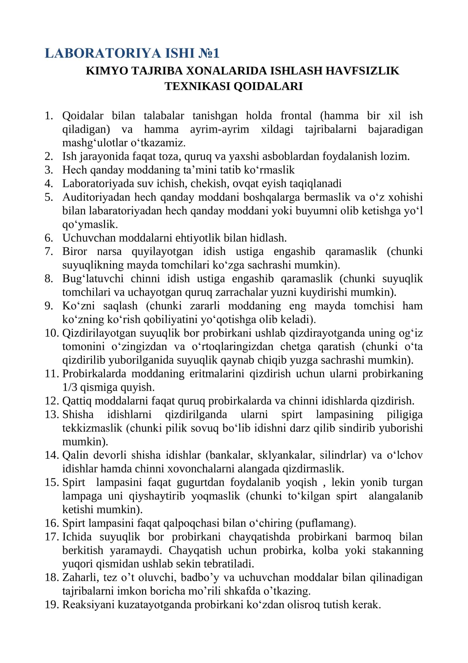 Kimyo tajriba xonalarida ishlash havfsizlik texnikasi qoidalari 1