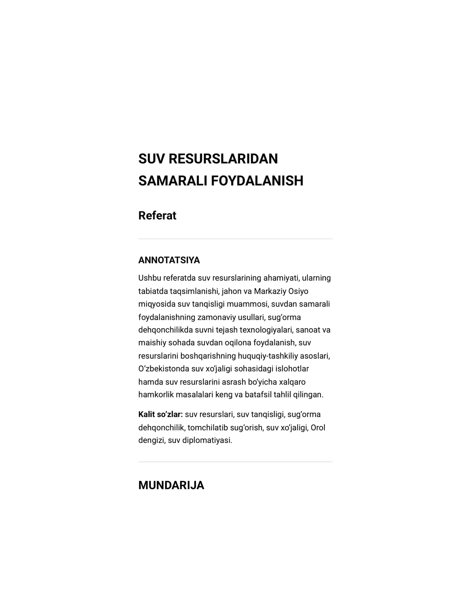Referat suv resurslaridan samarali foydalanish 1