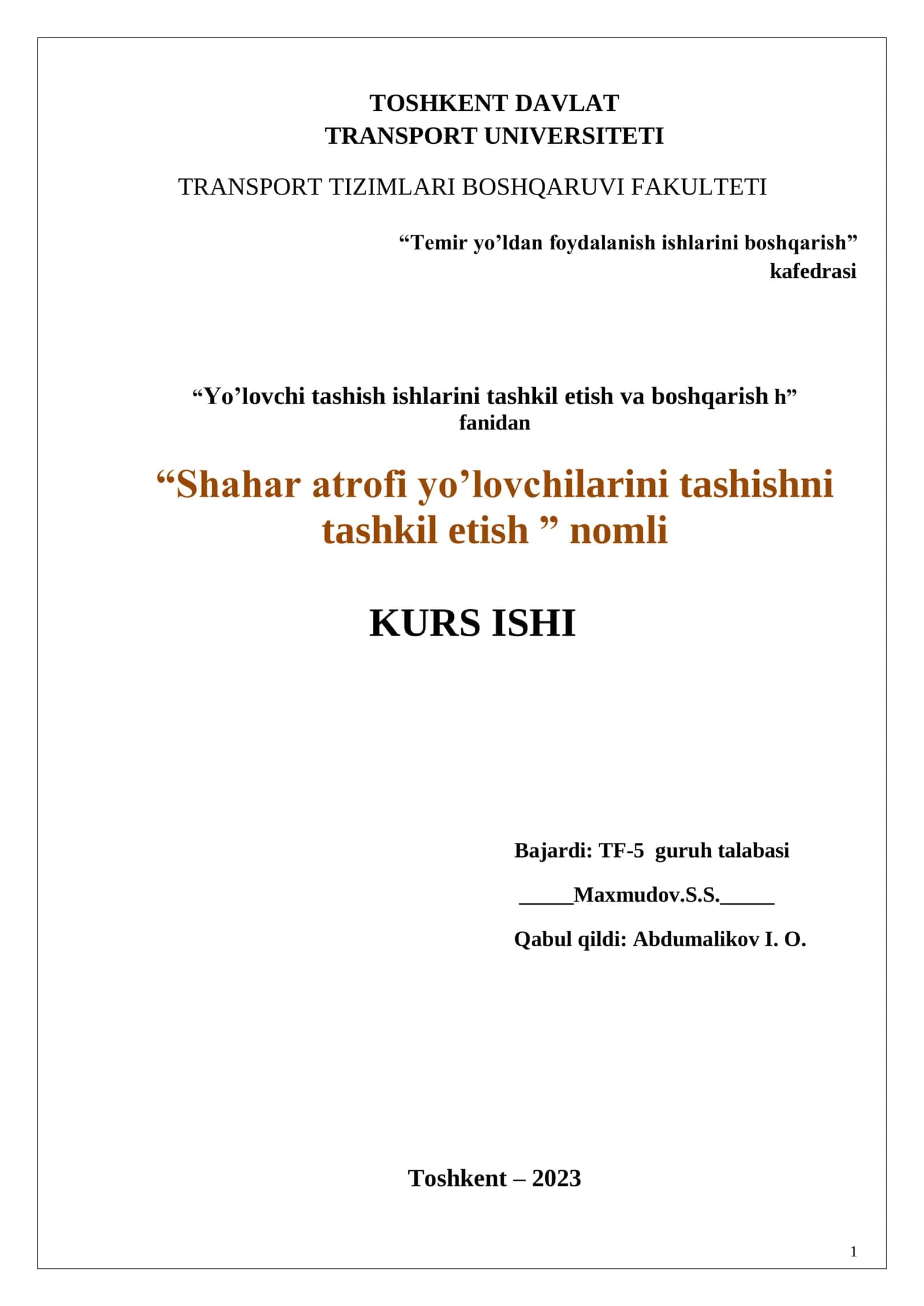 Temir yo’ldan foydalanish ishlarini boshqarish KURS ISHI 1