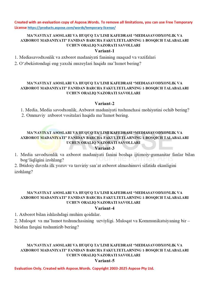Mediasavodxonlik va axborot madaniyati fani oraliq nazorat savollari to‘plami 1
