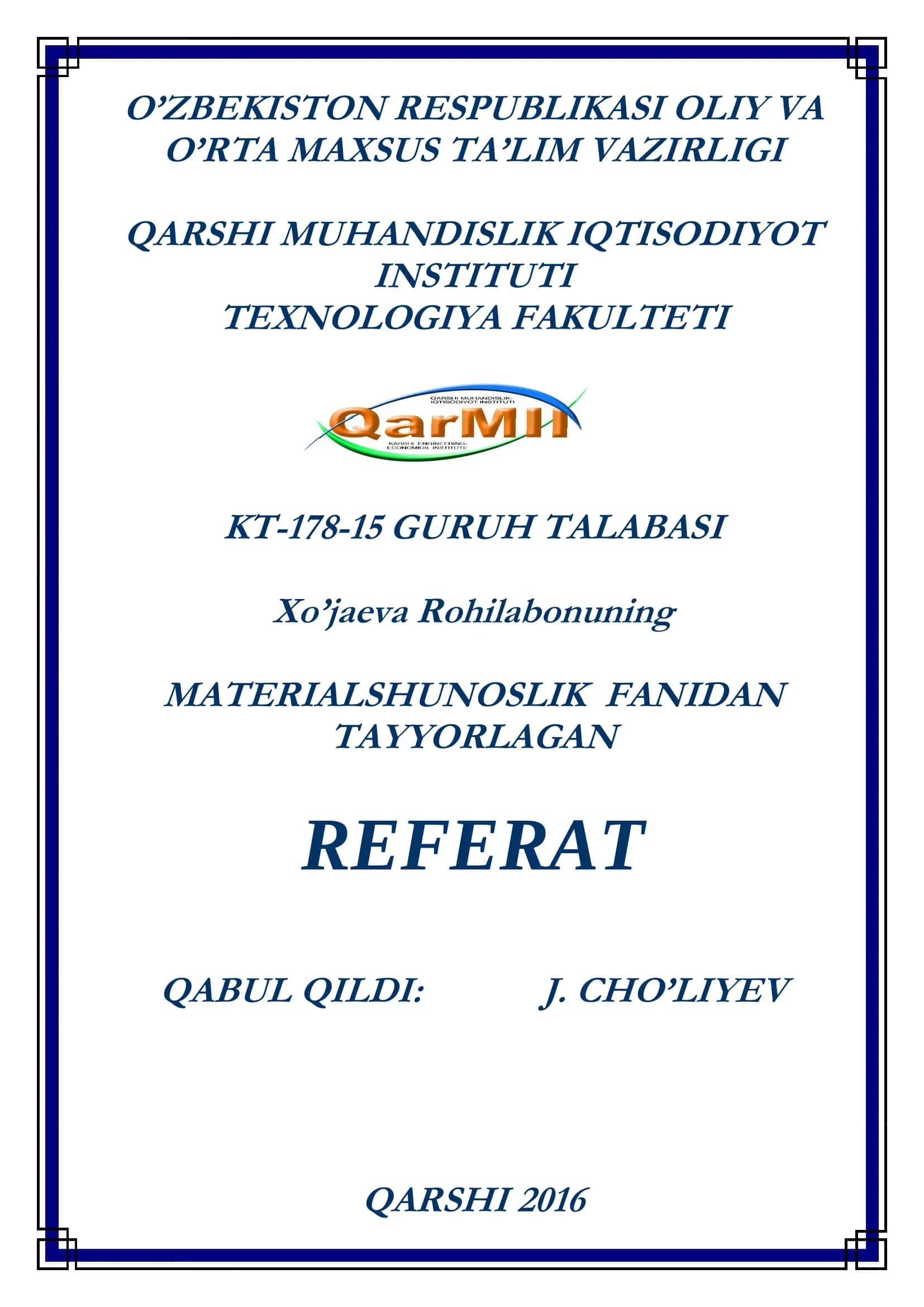 MATERIALSHUNOSLIK FANIDAN TAYYORLAGAN REFERAT 1
