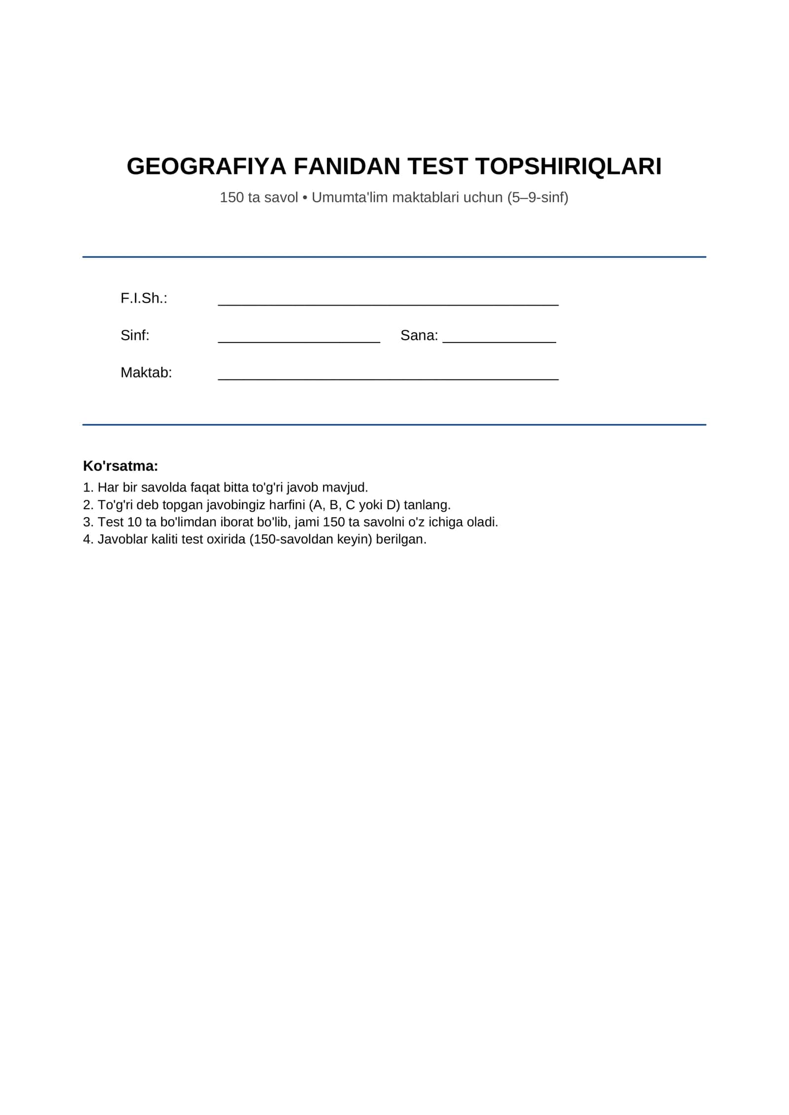 GEOGRAFIYA FANIDAN TEST TOPSHIRIQLARI 1