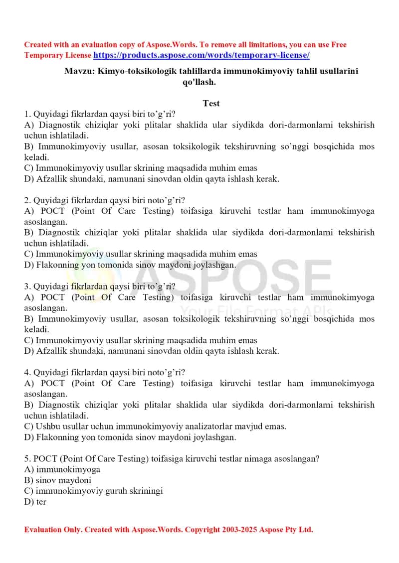 14. Kimyo-toksikologik tahlillarda immunokimyoviy tahlil usullarini qo'llash. Test 15 ta. 1