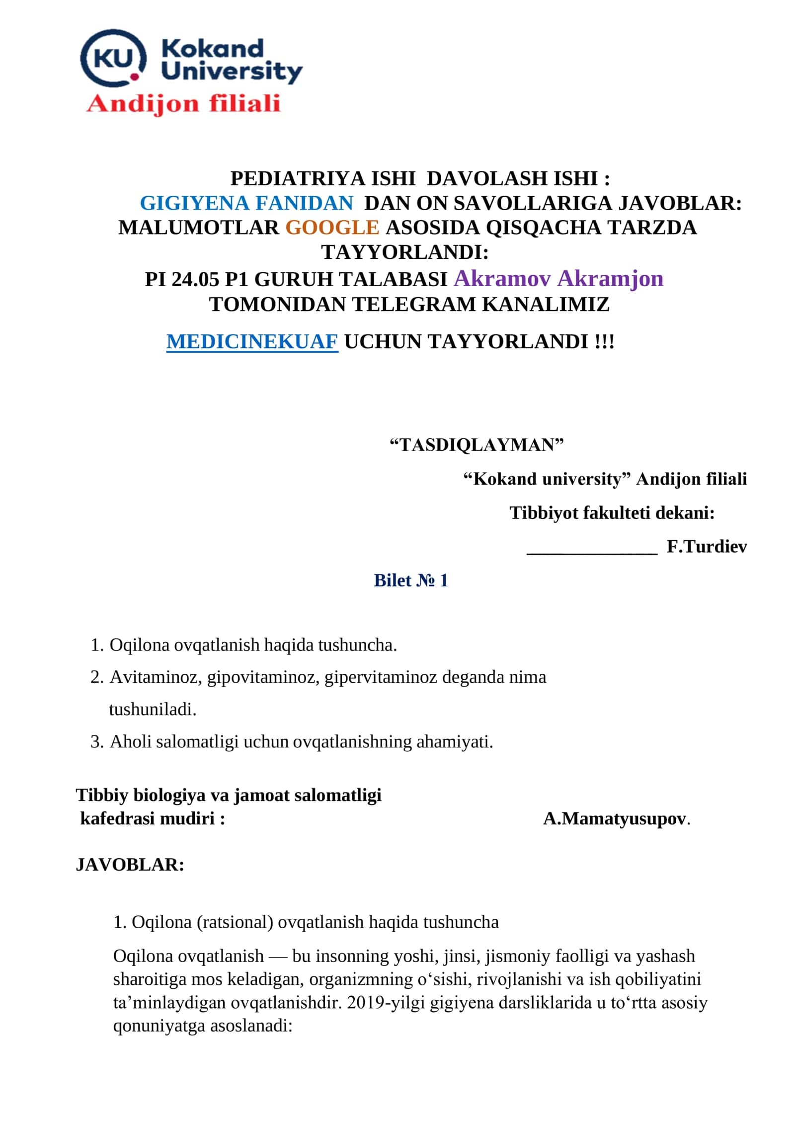 PEDIATRIYA ISHI DAVOLASH ISHI: GIGIYENA FANIDAN DAN ON SAVOLLARIGA JAVOBLAR: MALUMOTLAR GOOGLE ASOSIDA QISQACHA TARZDA TAYYORLANDI: 1