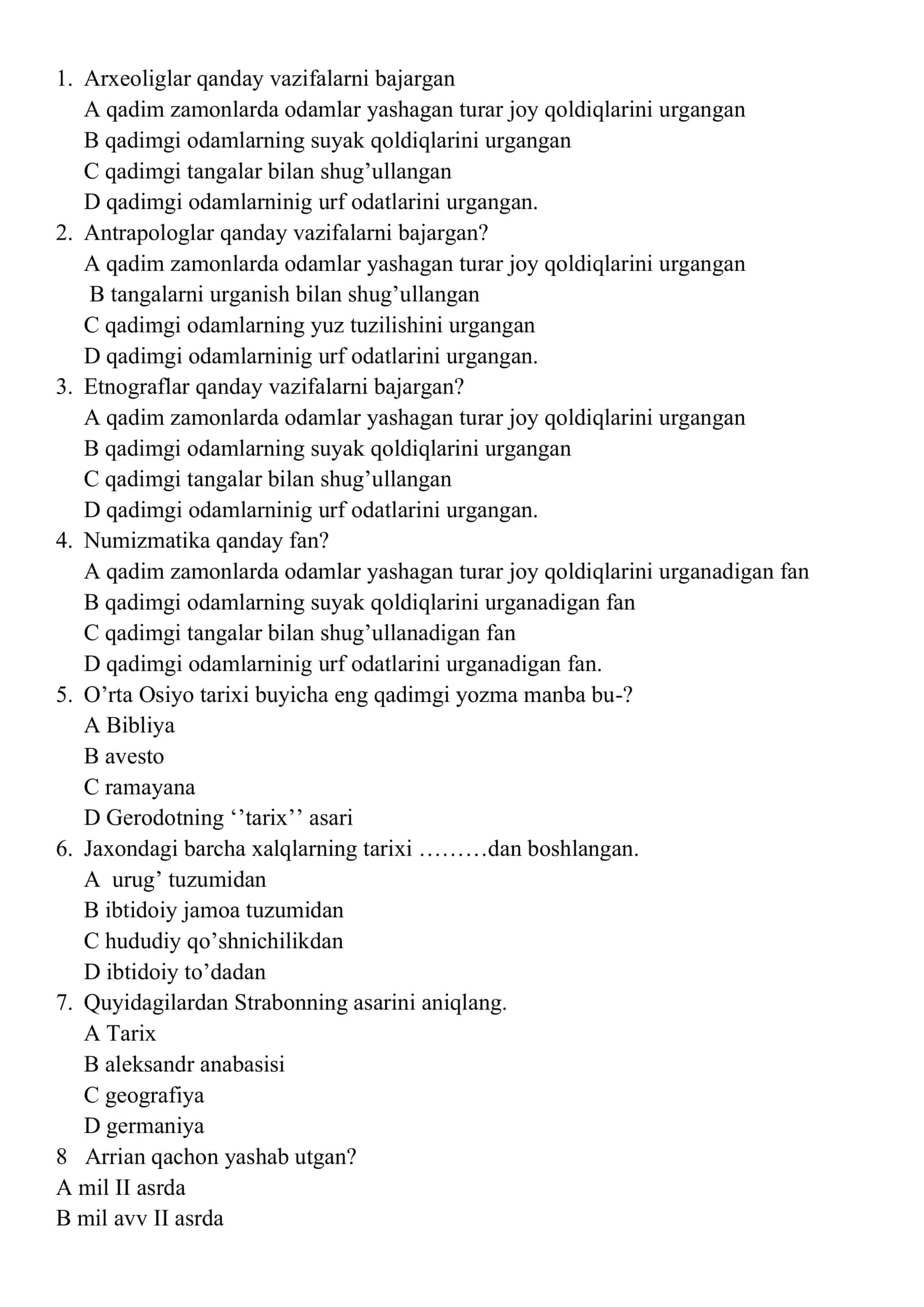 Tarix 6-sinf testlar 1