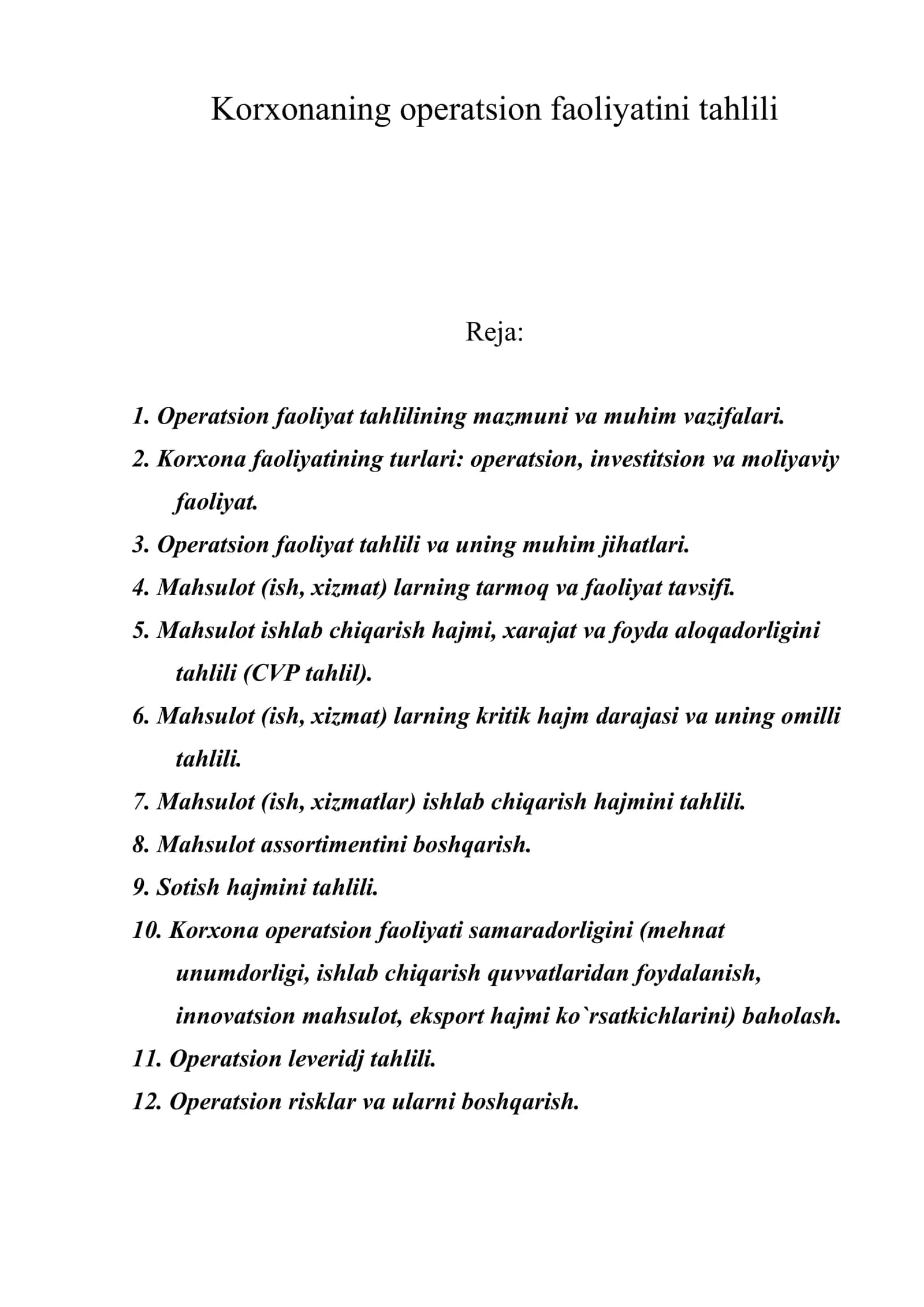 Korxonaning operatsion faoliyatini tahlili 1