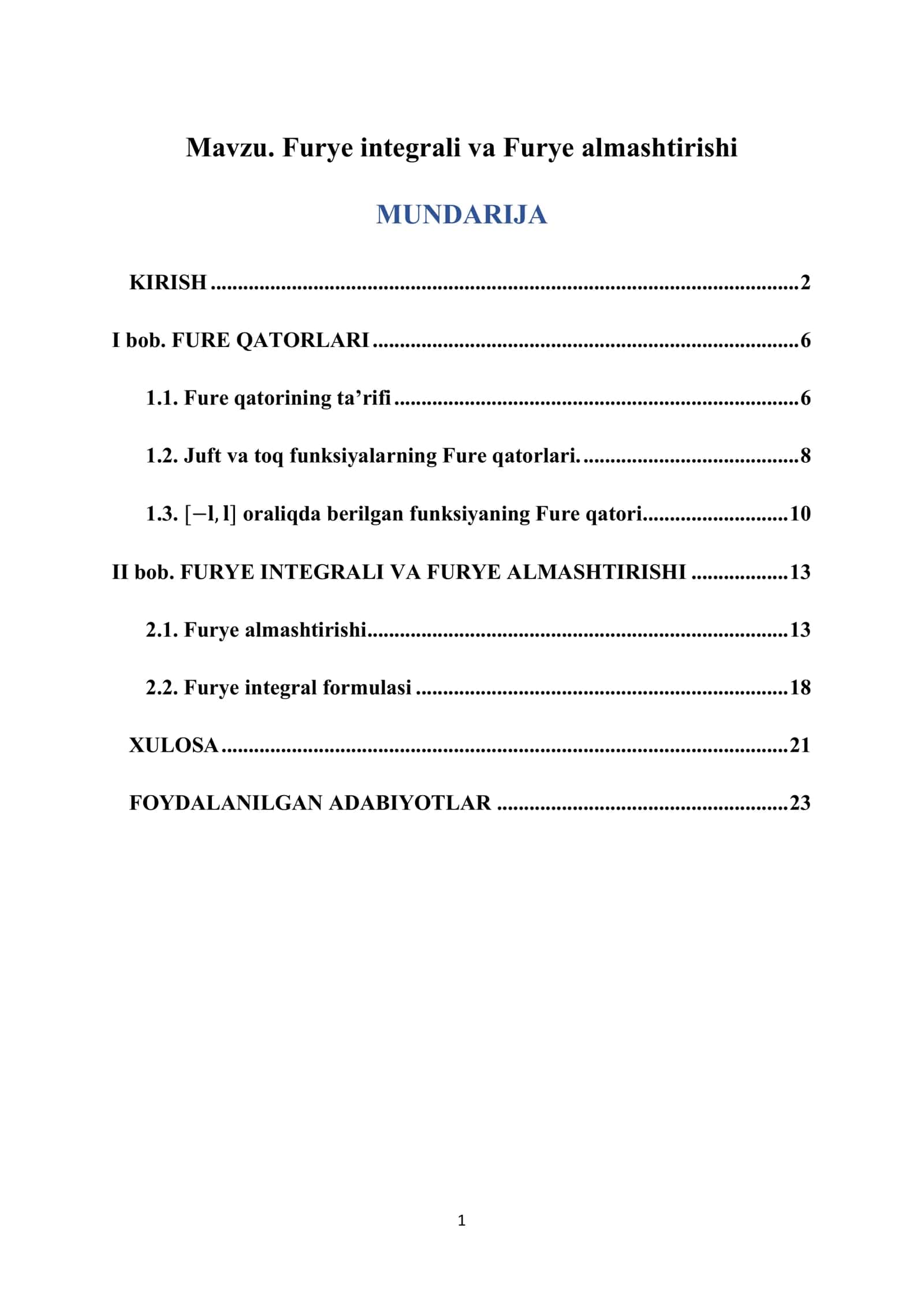 Furye integrali va Furye almashtirishi 1