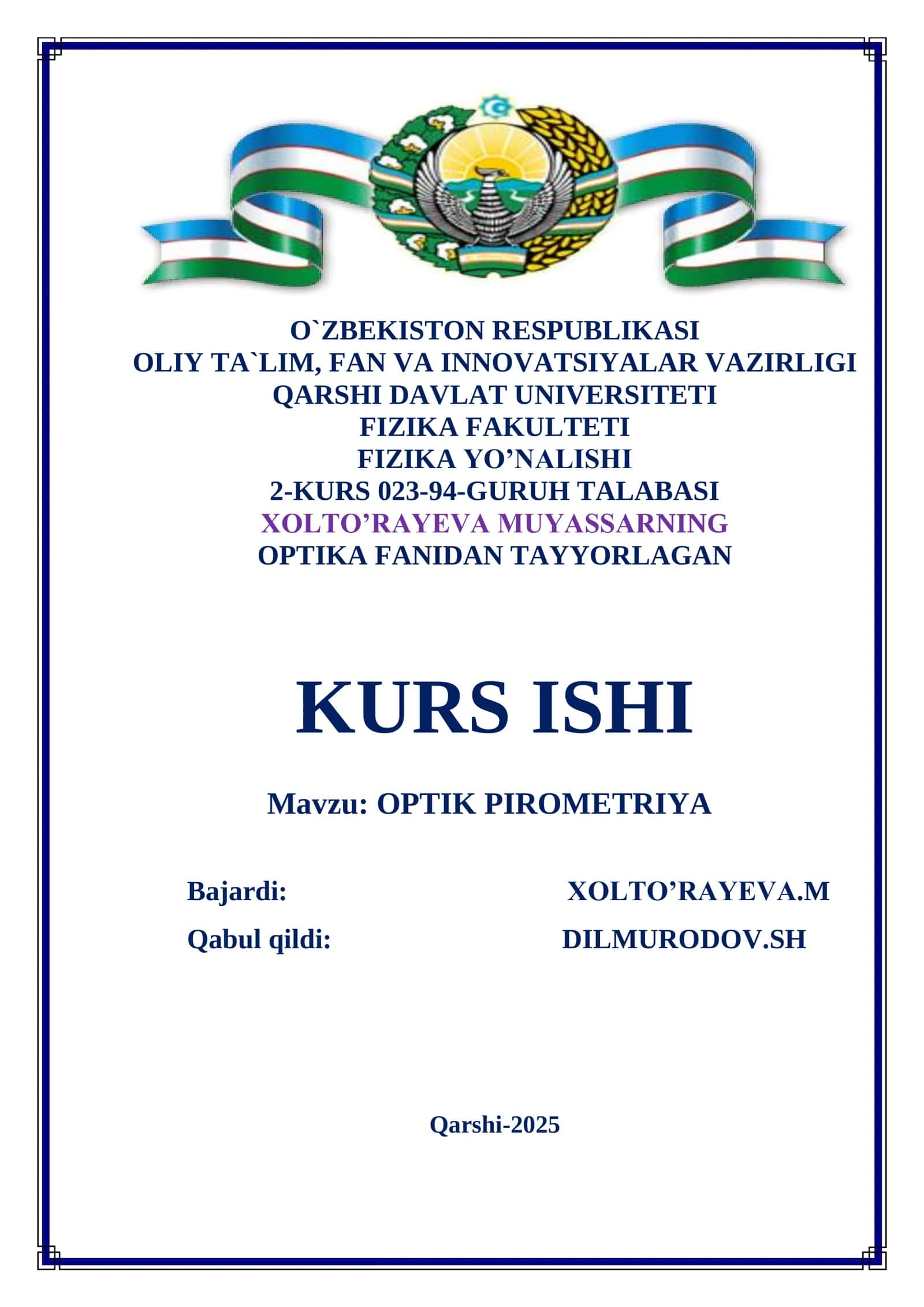 OPTIK PIROMETRIYA mavzusida tayyor kurs ishi 1