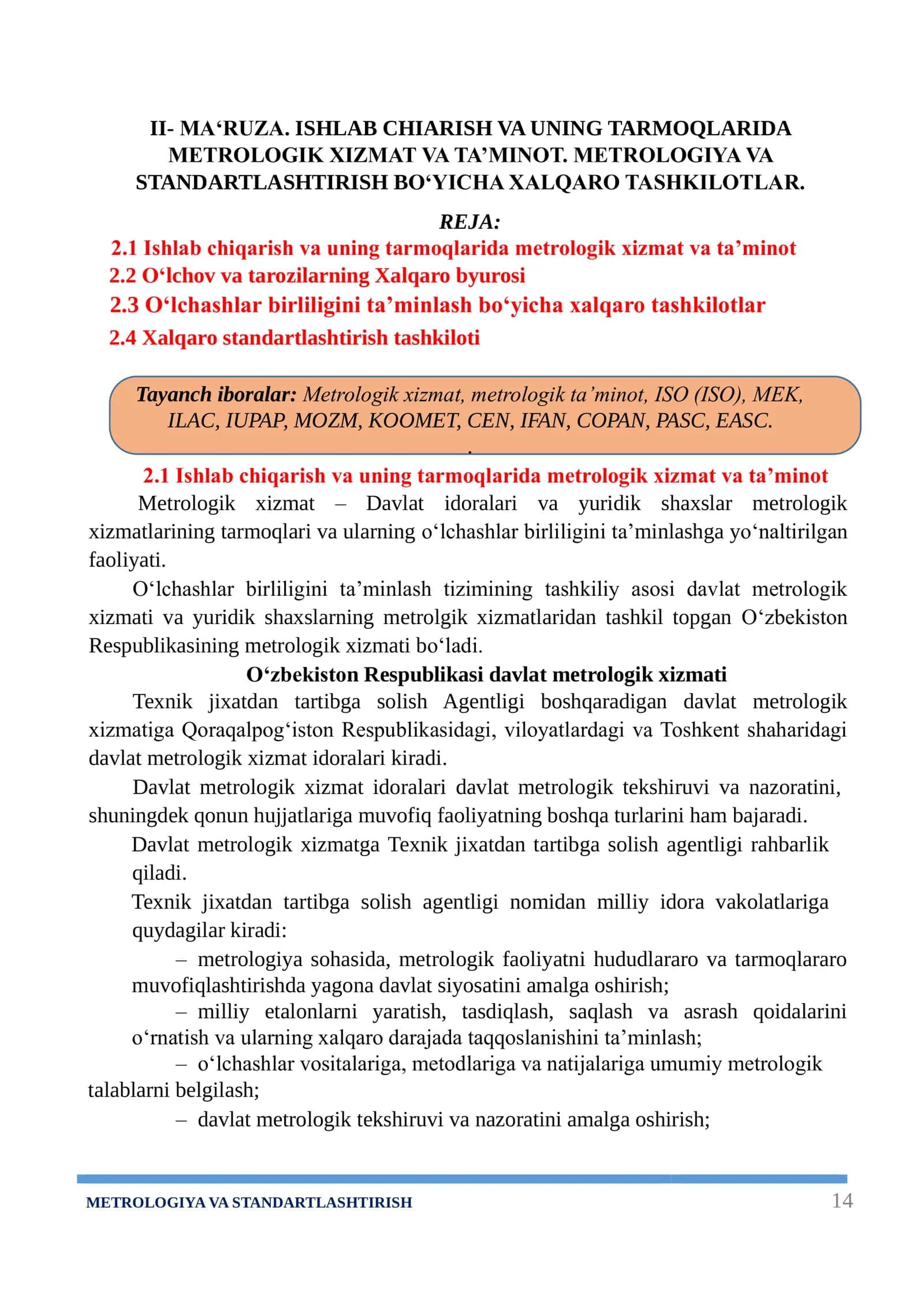 METROLOGIYA VA STANDARTLASHTIRISH 1