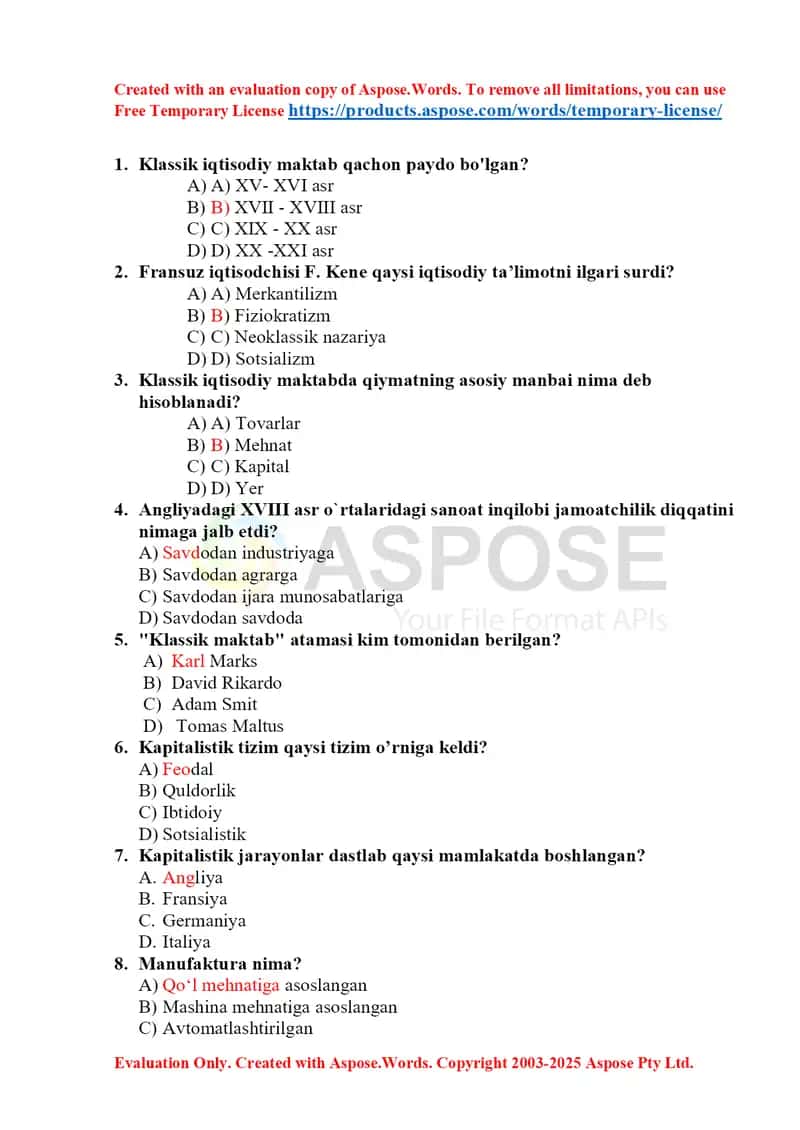 Klassik iqtisodiy maktab nazariyasi bo‘yicha test savollari 1