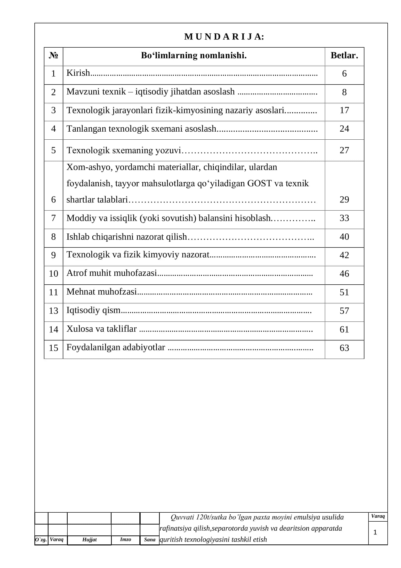 Quvvati 120t/sutka bo’lgan paxta moyini emulsiya usulida rafinatsiya qilish,separotorda yuvish va dearitsion apparatda quritish texnologiyasini tashkil etish 1