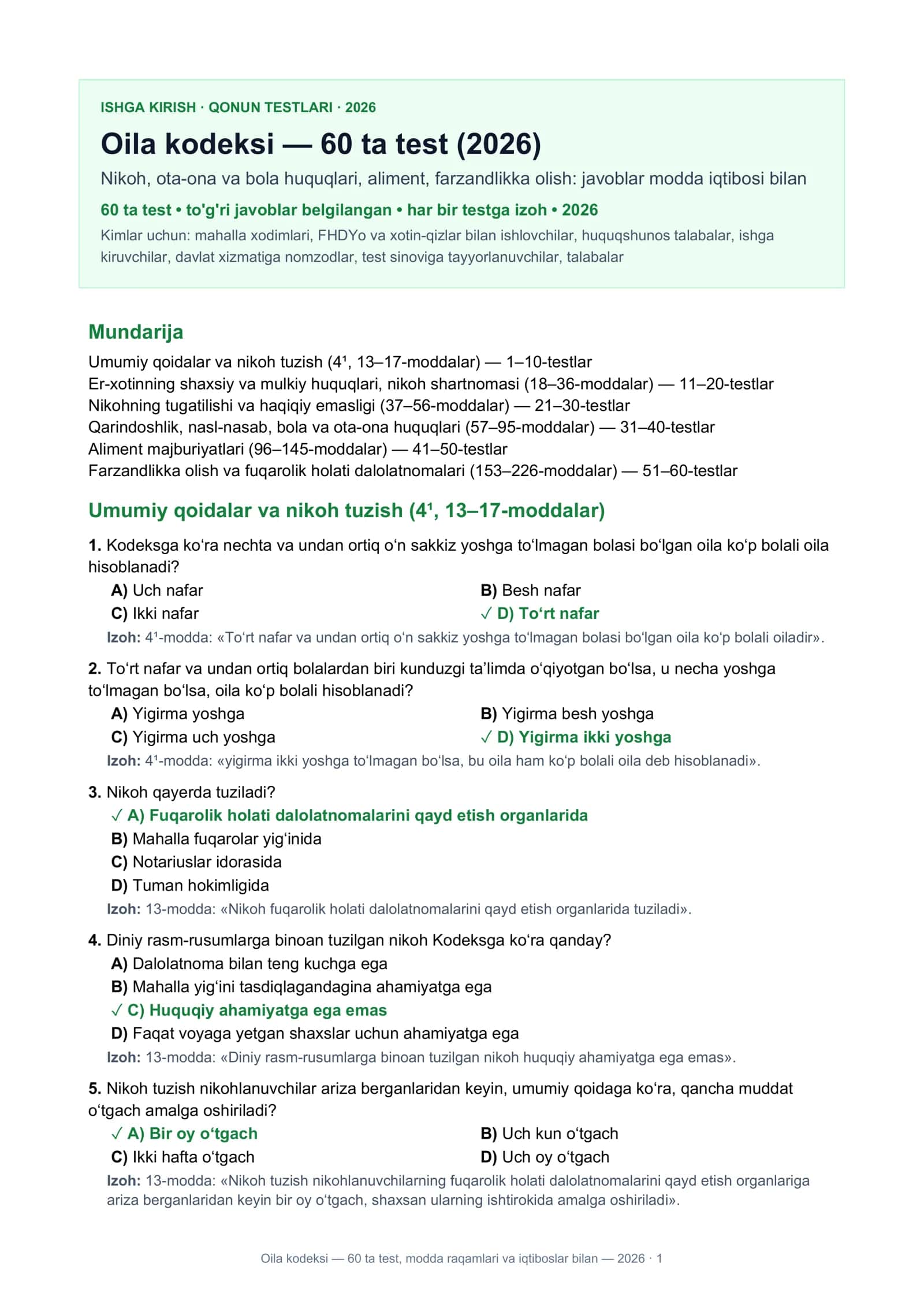 Oila kodeksi — 60 ta test, modda raqamlari va iqtiboslar bilan — 2026 · 1 1
