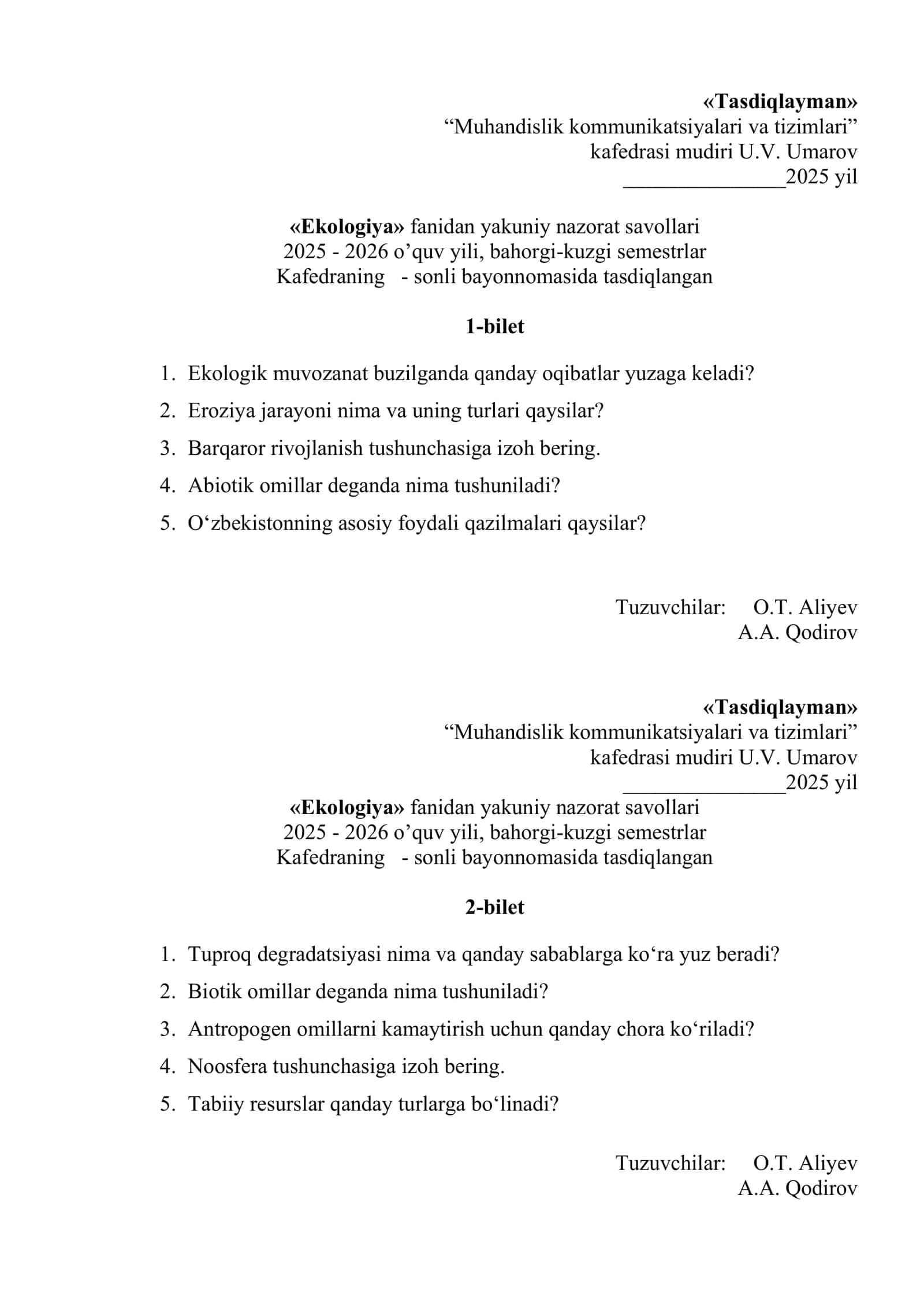 Ekologiya fanidan yakuniy nazorat savollari 1