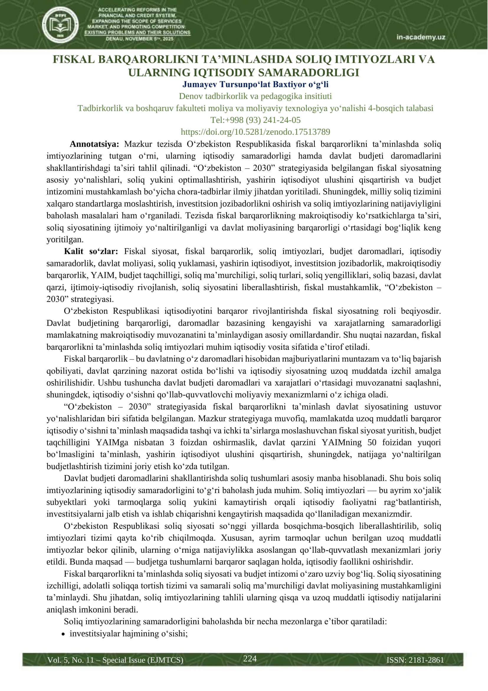 Fiskal Barqarorlikni Ta’minlashda Soliq Imtiyozlari VA Ular Ning Iqtisodiy Samaradorl 1